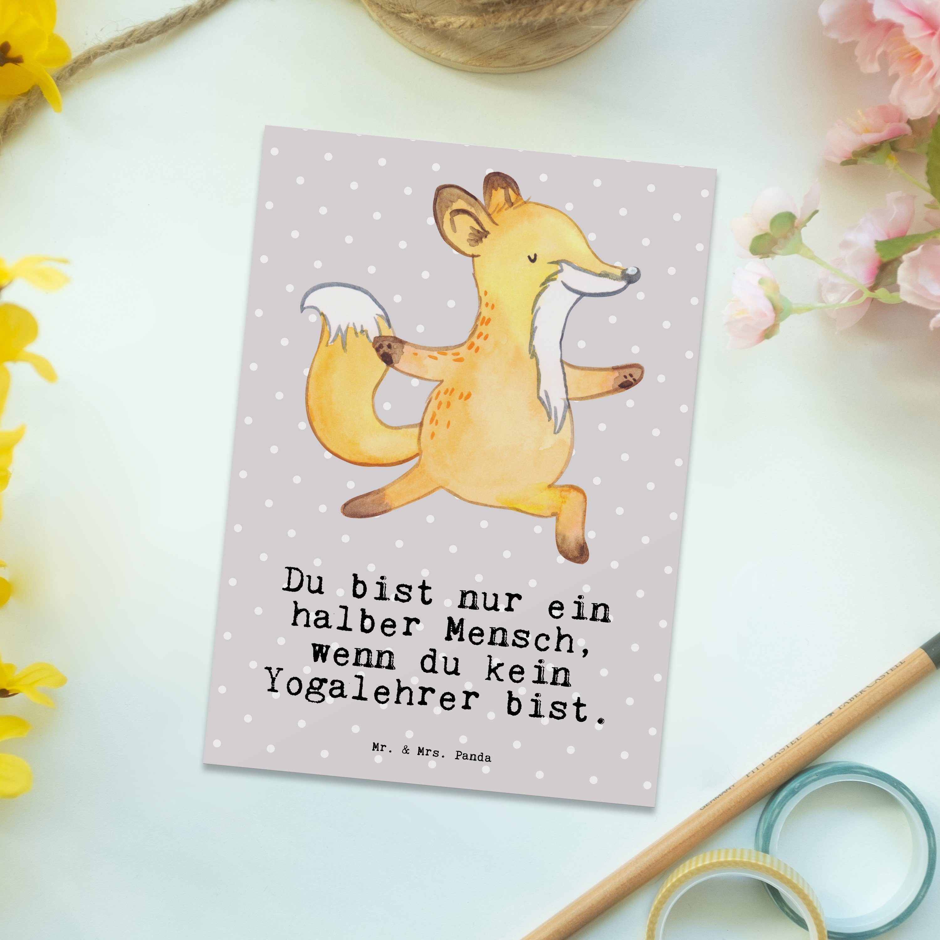 Mr. & Mrs. Panda Postkarte Grau Yogalehrer - Geschenk, mit - Danke, Herz Pastell Schenken, Einla