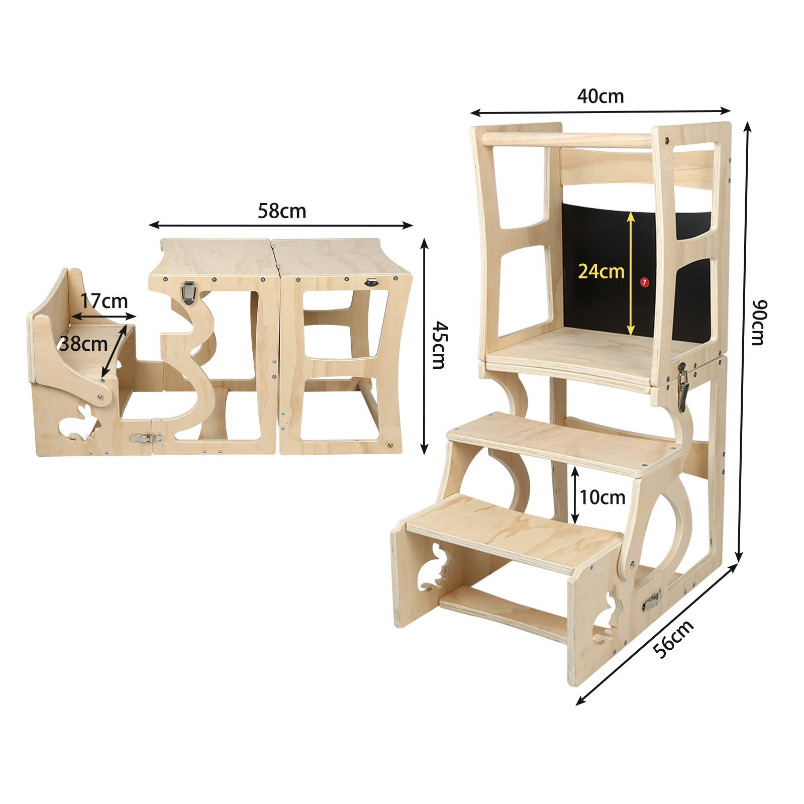 JEOBEST Stehhilfe 3 in 1 Learning Tower für Kinder Küchenhelferturm, Klappbare Tritthocker mit Tafel, Kinderstuhl aus Holz – Bild 3 von 5