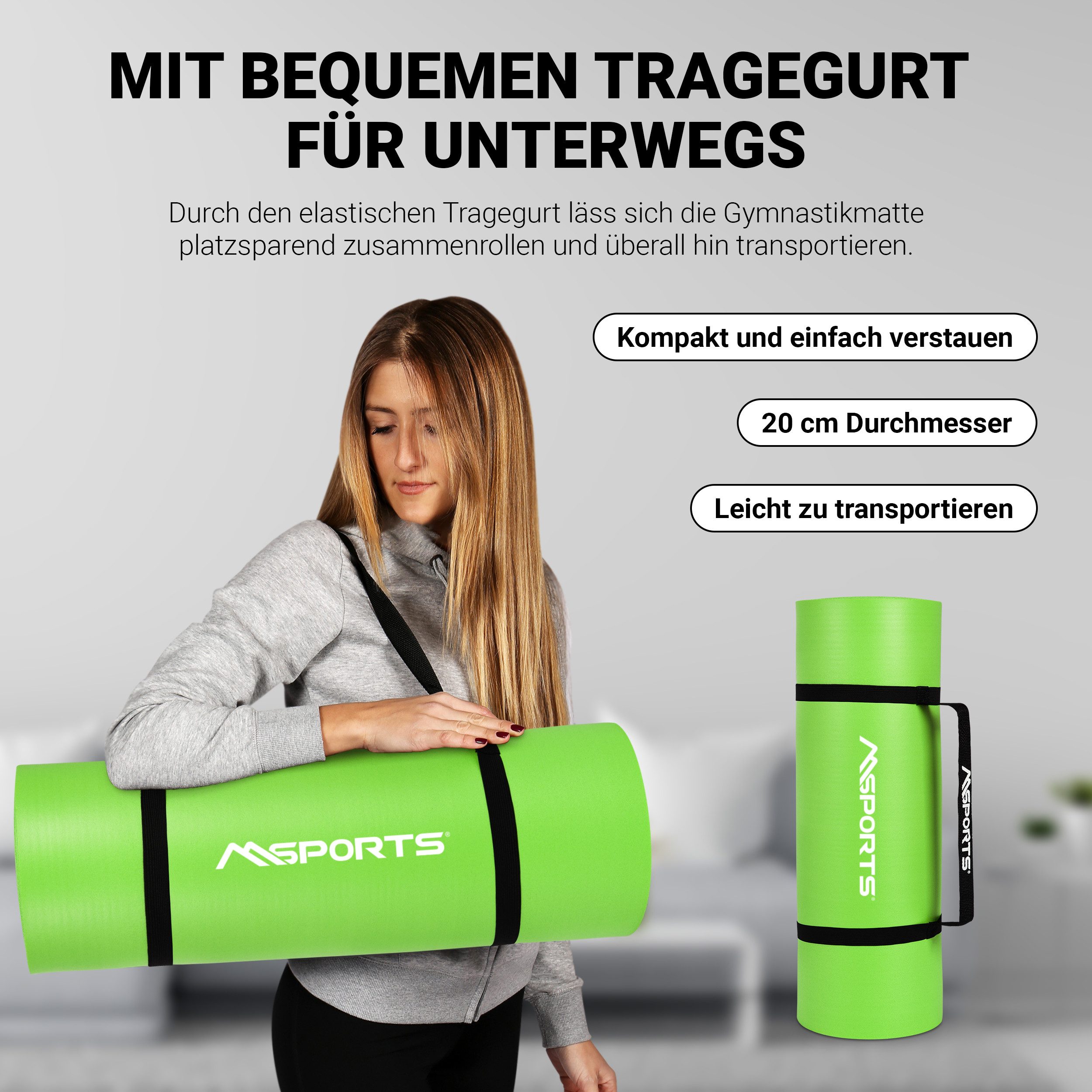MSports® Gymnastikmatte Yogamatte inkl. Tragegurt + Poster + Workout App