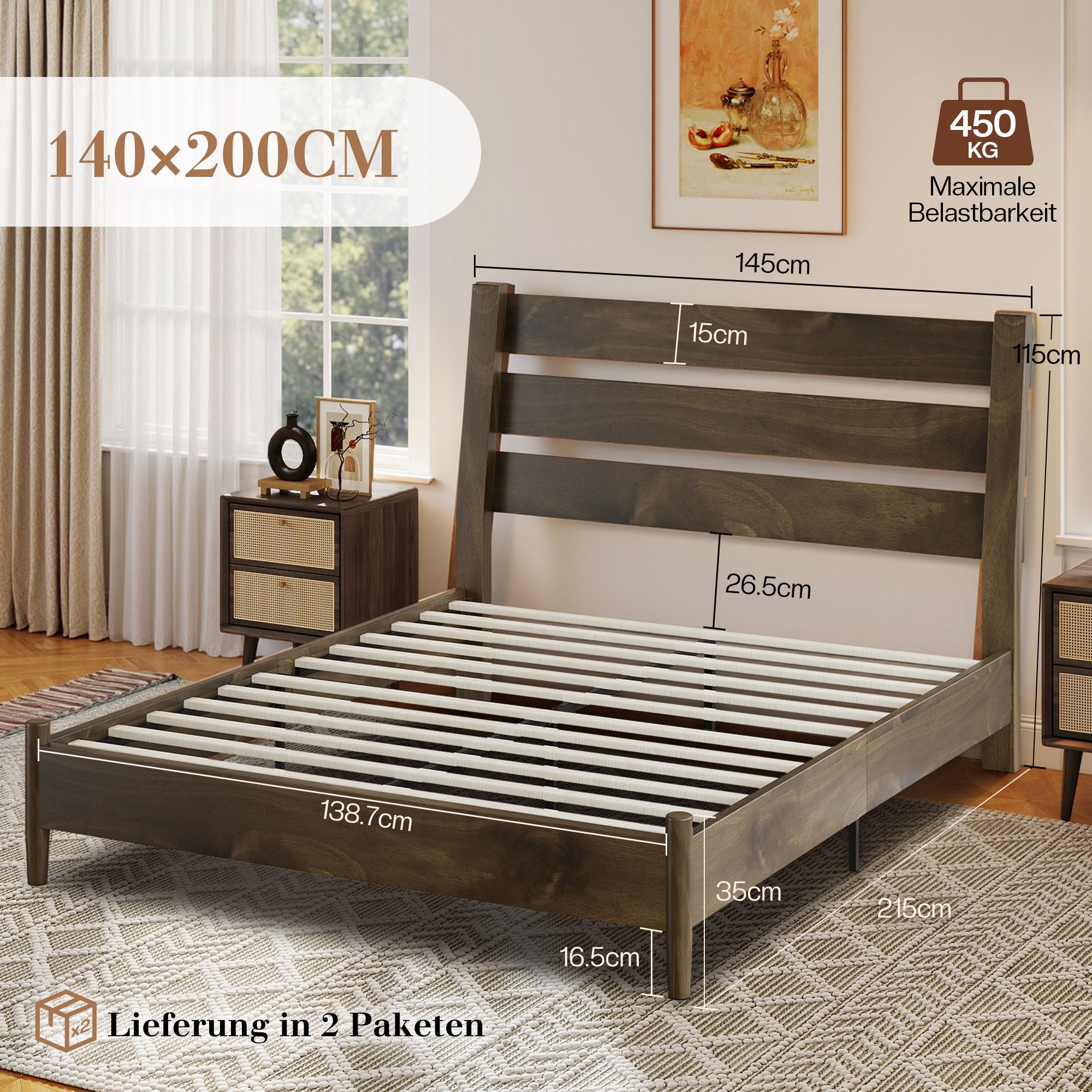 AMERLIFE Massivholzbett mit geneigtem Latten-Kopfteil aus Kiefernholz, Mid-Century Design (Ohne Matratze), Plattenbett Doppelbett 140 x 200 cm