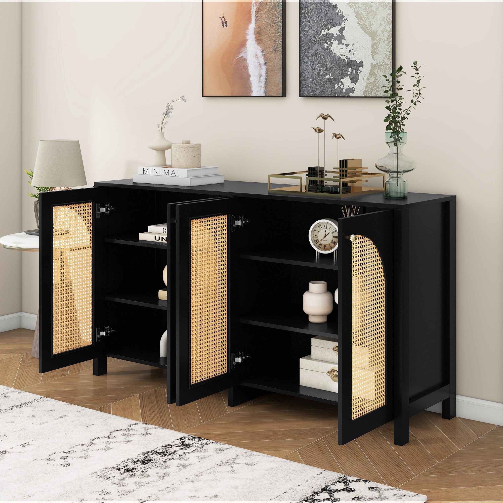Flieks Sideboard (1 St., 145x40x80 cm), Anrichte mit 4 Rattantür Wohnzimmerschrank Kommode schwarz