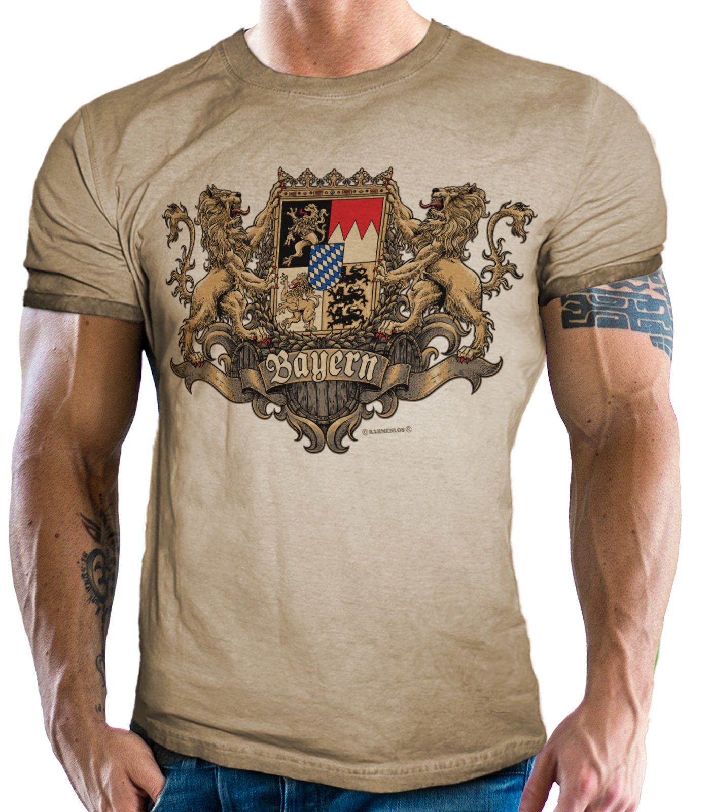 Trachtenshirt washed vintage Königliches Look: NEGRO® LOBO Wappen im used retro