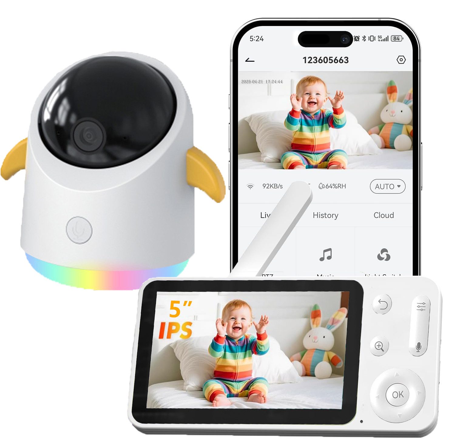 Babyphone 2K/3MP Babyphone mit Kamera 5" HD WLAN Video Babyfon mit App