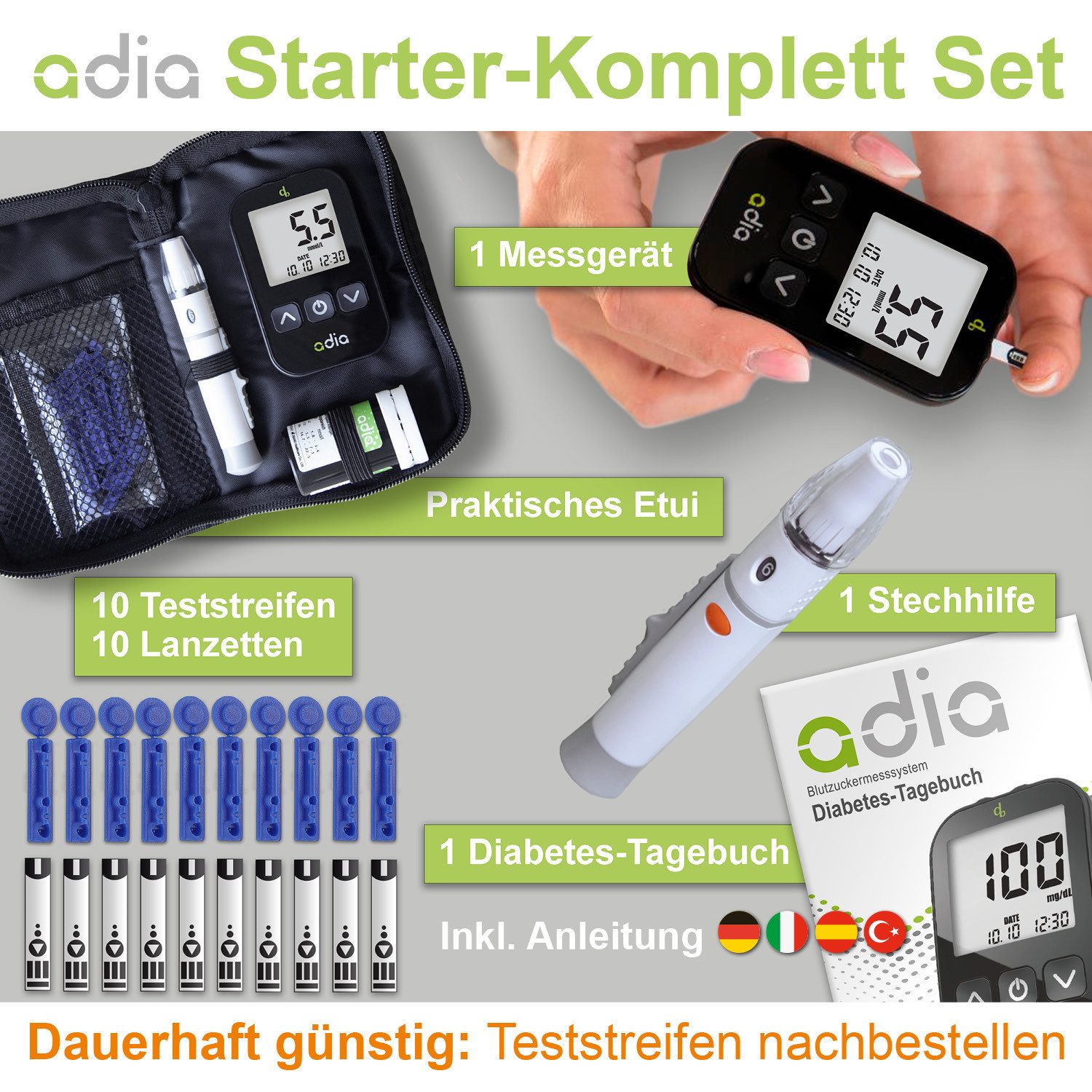 ADIA Blutzuckermessgerät adia Blutzuckermessgerät Set inkl. 10 Teststreifen, mmol/l – Bild 2 von 3
