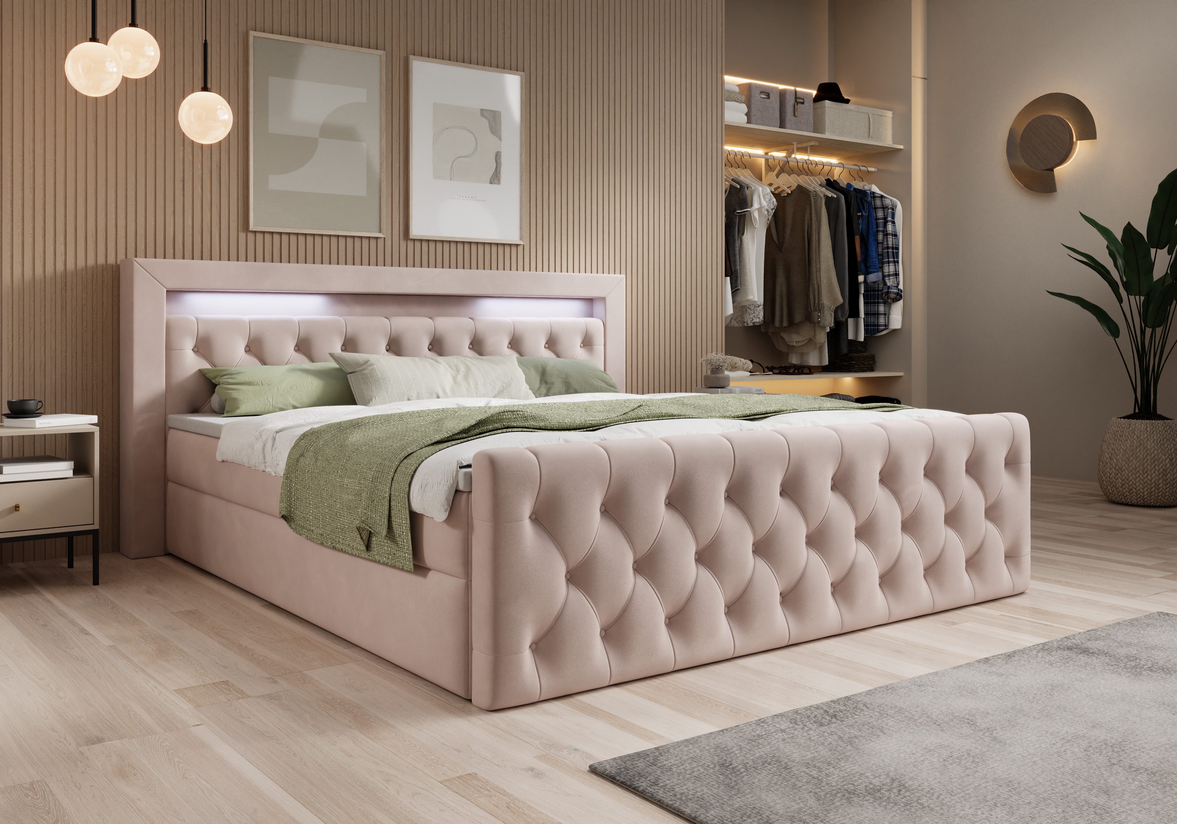 thematys Boxbett LED mit Bettkasten 140x200–200x200 cm – Velours oder Bouclé Bezug – (Polsterbett Bonnellfederkern Matratze H3 + Gratis 3cm Topper, Boxbett - Luxus Doppelbett mit Stauraum und LED)
