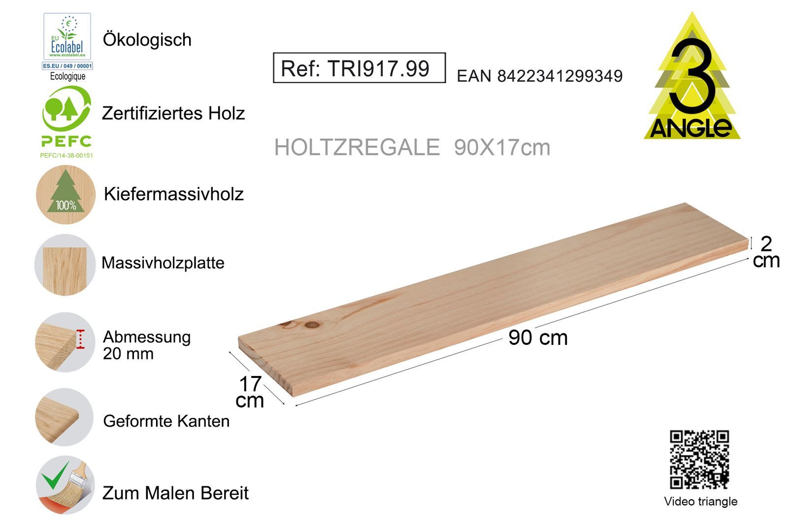 Astigarraga Kit Line Wandregal Triangel Regal Wandregal Holzregal verschiedene Größen, natürliche Optik, unbehandelt