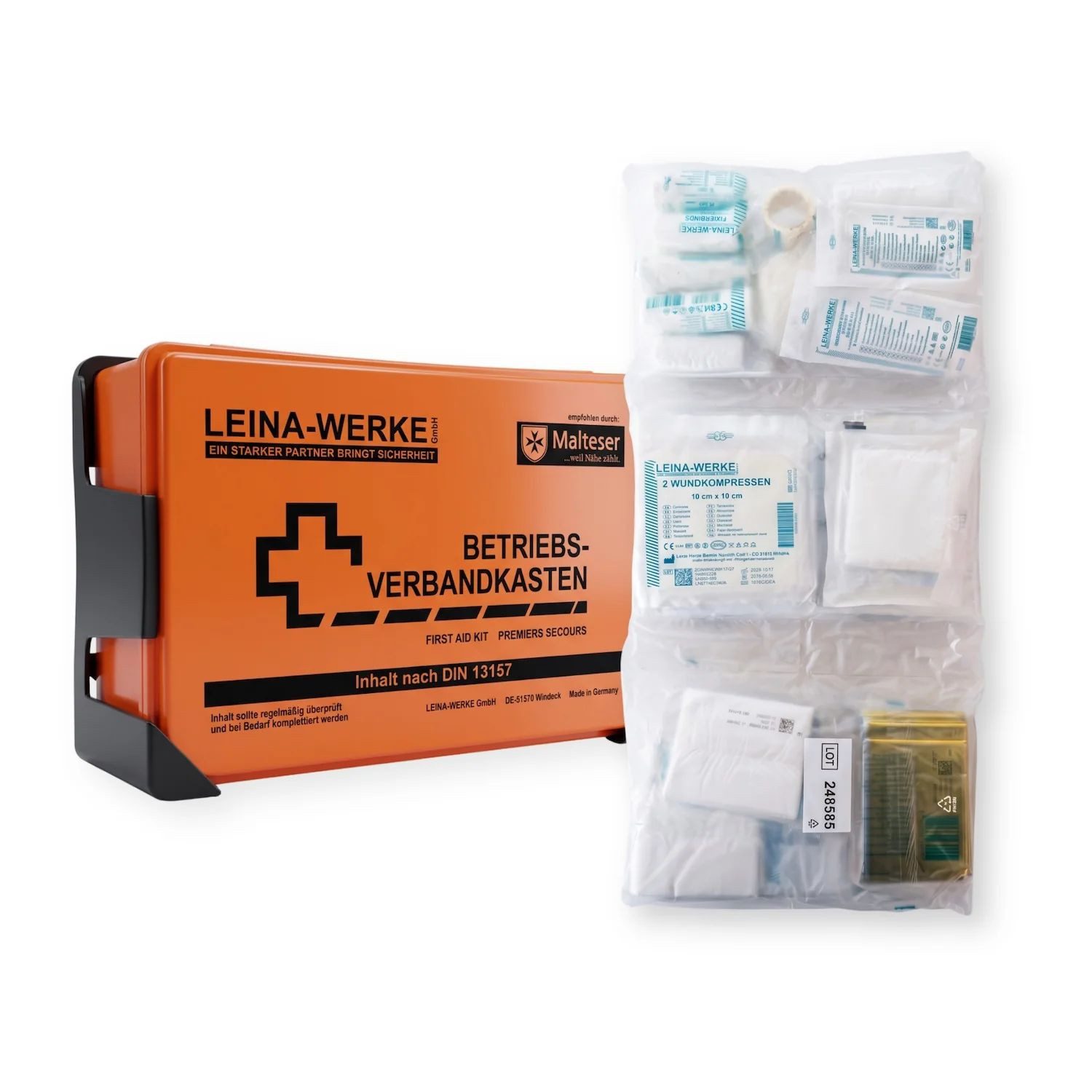 Leina-Werke Erste-Hilfe-Koffer Verbandkasten klein orange, gefüllt mit DIN 13157, inkl. Wandhalterung, (Set), inkl. Wandhalterung, schlagfestes Gehäuse mit Gummidichtung
