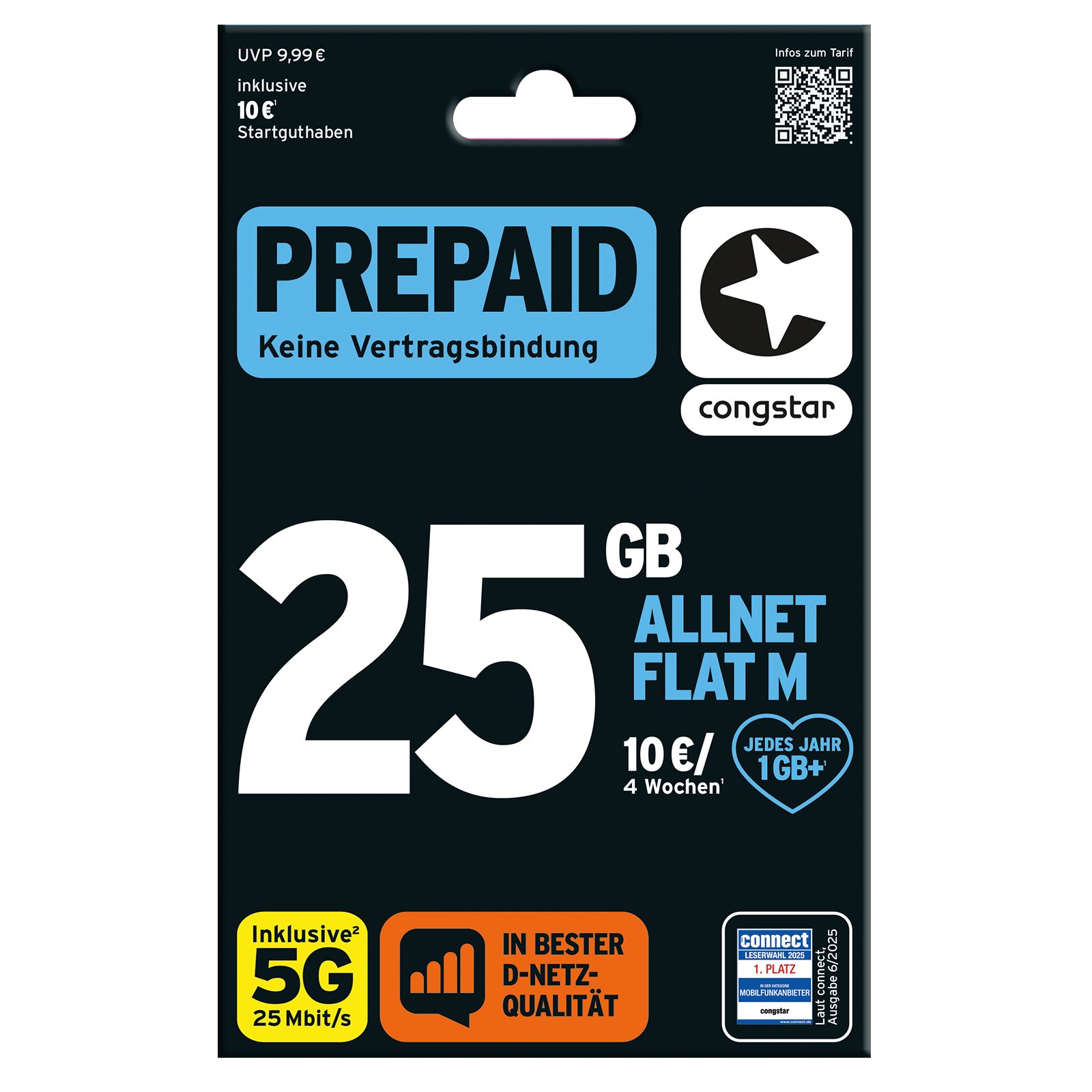 Congstar Prepaid ALLNET M, SIM-Karte ohne Vertrag, 5G mit 25 Mbit/s Prepaidkarte, (EU-Roaming inkl. CH, 20 € Startguthaben)