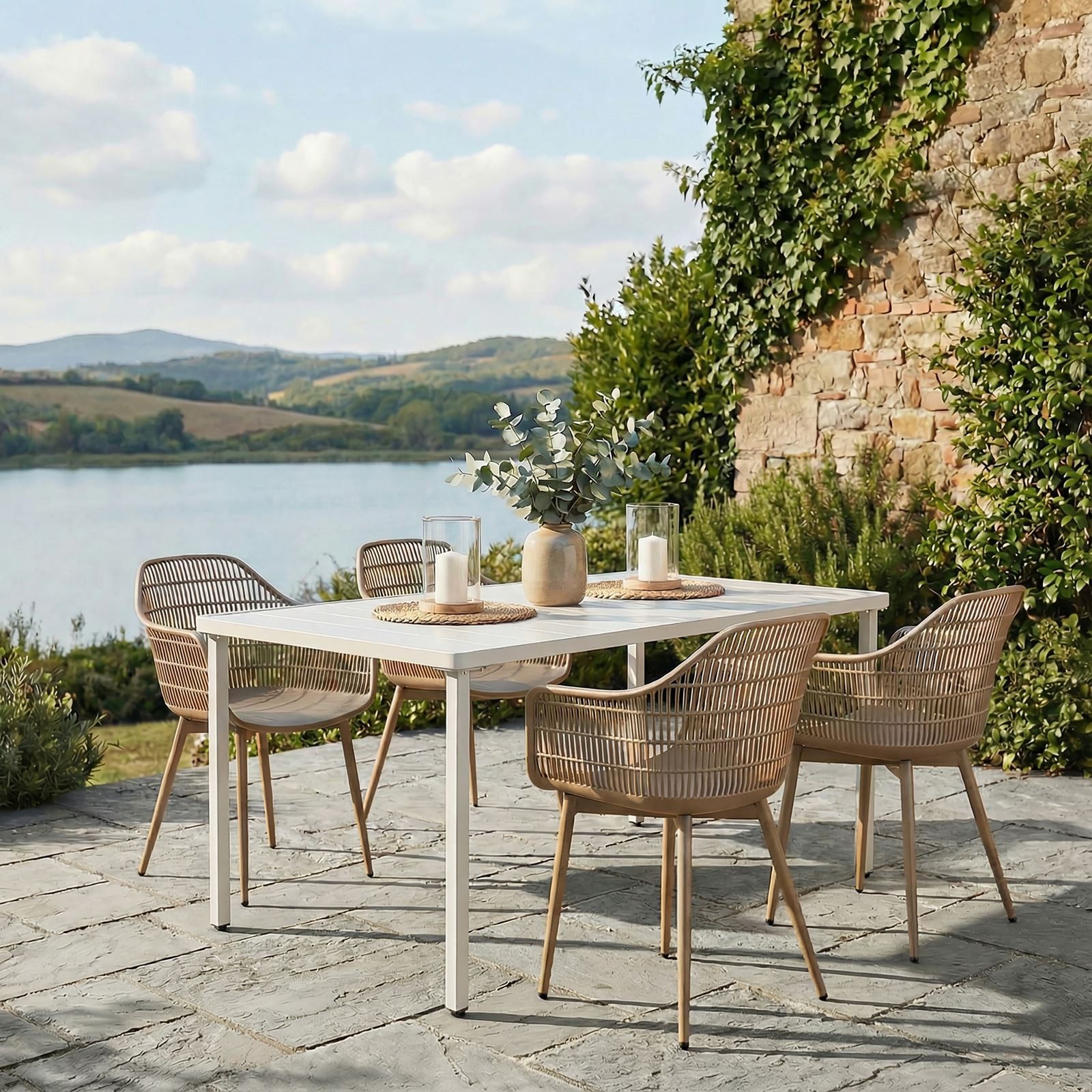 IDIMEX Garten-Essgruppe MARGHERITA, Gartenmöbelset für 4 Personen wetterfester Materialmix Weiß/Champagner