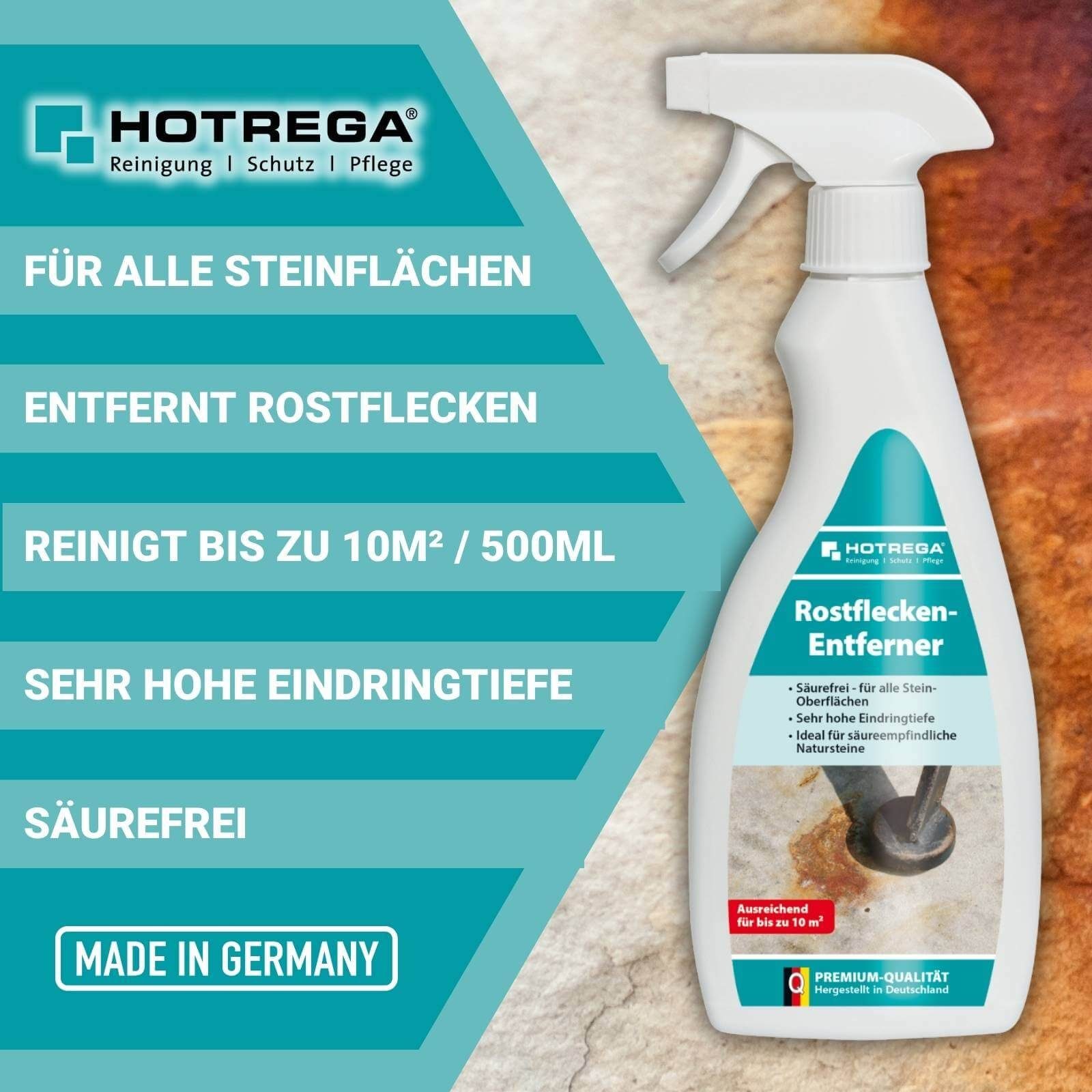 HOTREGA® Rostflecken Entferner Flugrost Profi Reiniger Stein Beton Garten 500ml Rostentferner