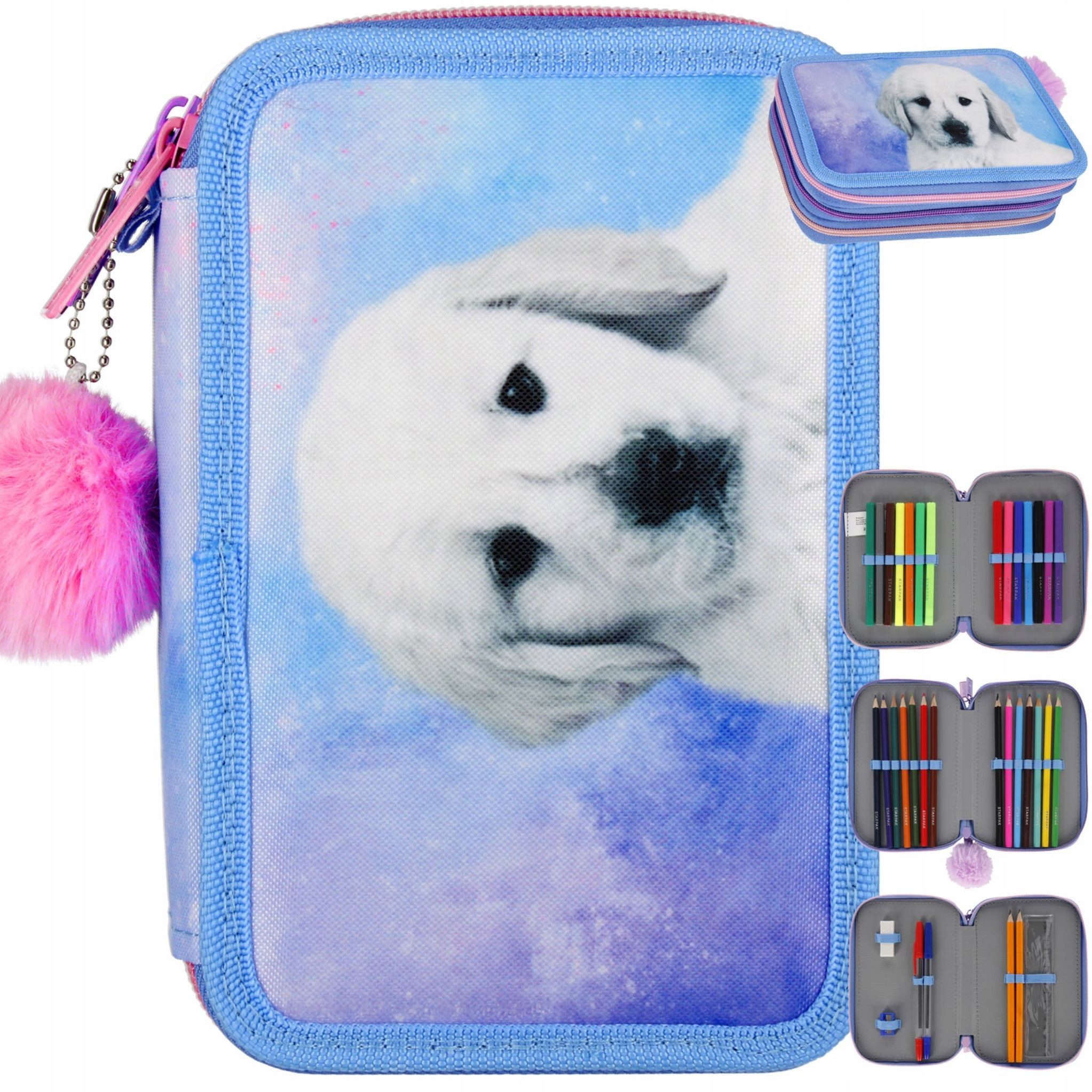 Festivalartikel Federtasche Dreikammer-Schulmäppchen für Mädchen - Galaxy Hundedesign