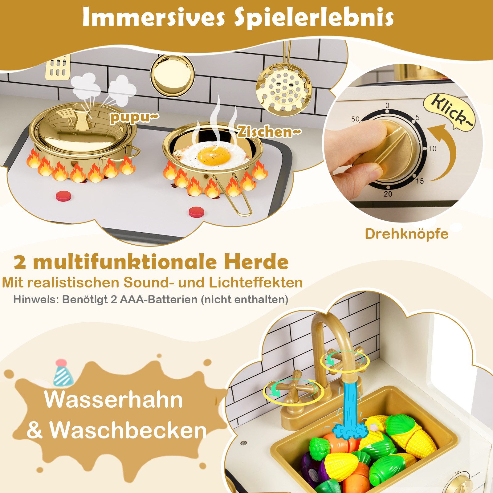 COSTWAY Spielküche MDF, Mit Herd, Licht, Sound, Wasserhahn, Spüle, Eisspender