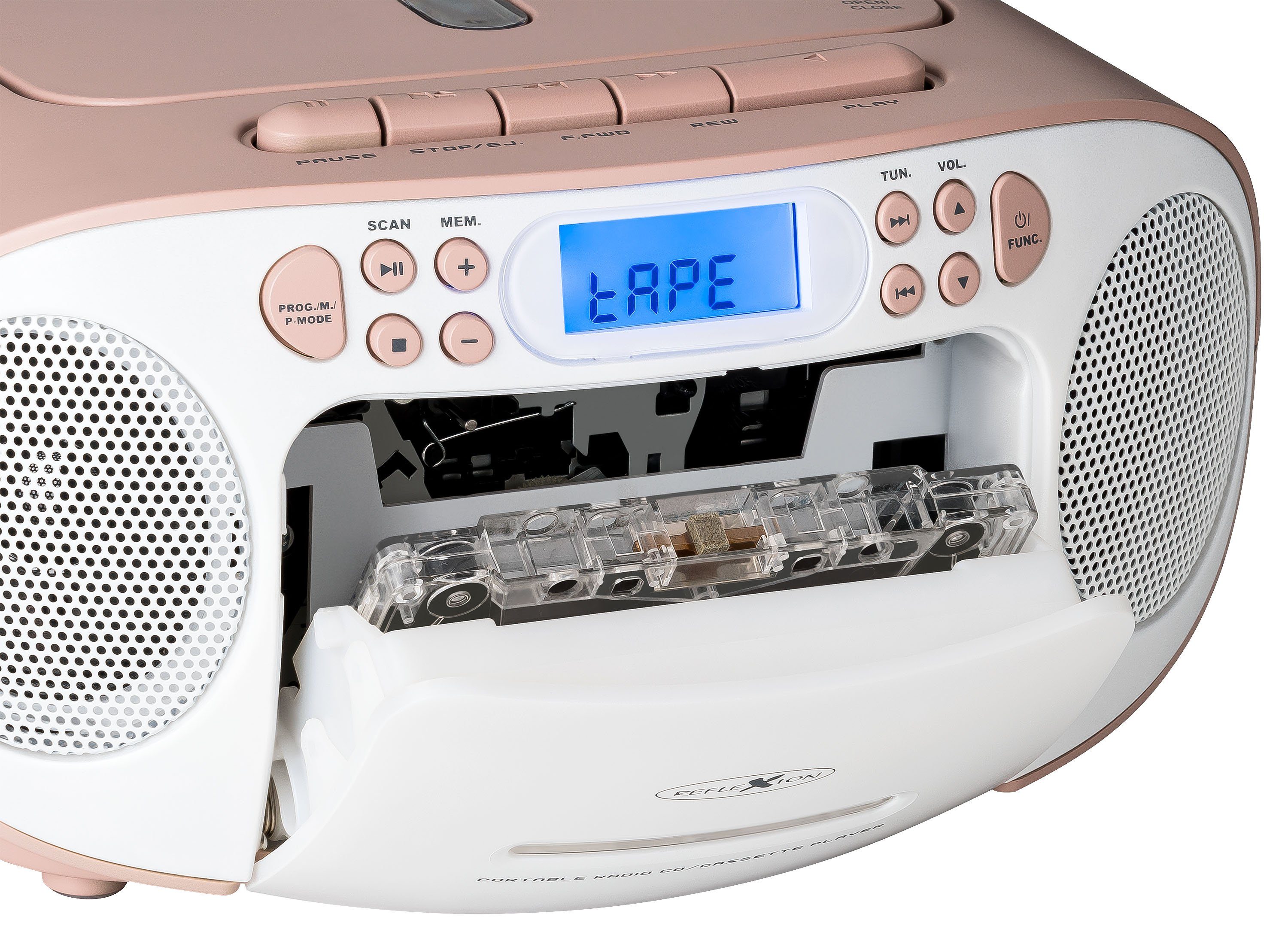 Kopfhörer-Anschluss) PLL CD/Radio/Kassette, AUX-Eingang, Radio, Tragbare Boombox RCR2260 W, (UKW weiß/pink Reflexion Stereo Boombox LCD-Display, 20