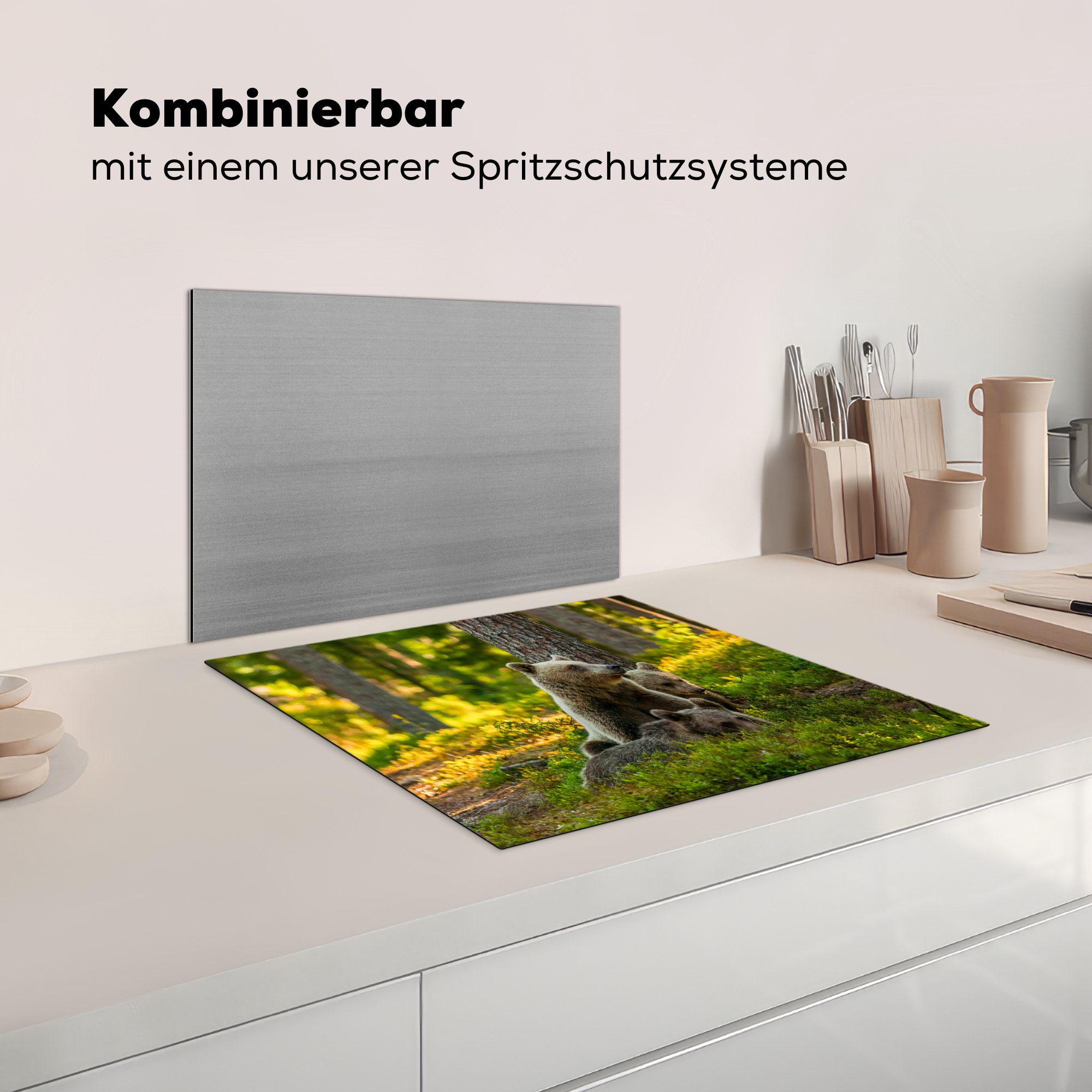 Herdblende-/Abdeckplatte - Ceranfeldabdeckung Bär küche, (1 Wald, tlg), - MuchoWow die cm, Induktionsmatte Braun Vinyl, für 59x52