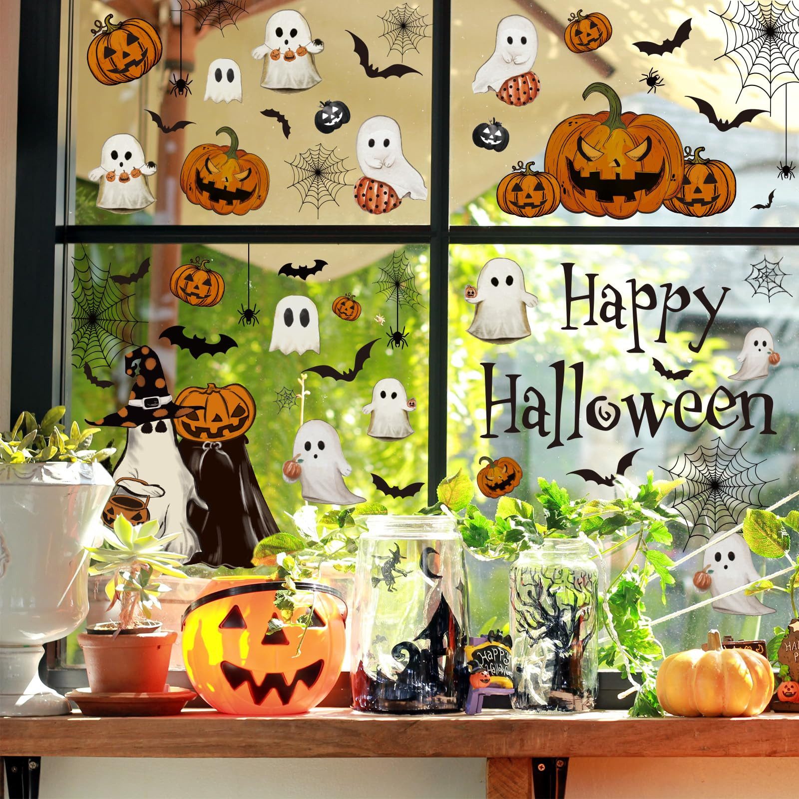 CLTYQ Fensterbild 6 Blatt Halloween Fensteraufkleber wiederverwendbare Fensterbilder, Vintage Geist, Böser Kürbis, Fledermaus, Glasdeko für Zuhause – Bild 4 von 5