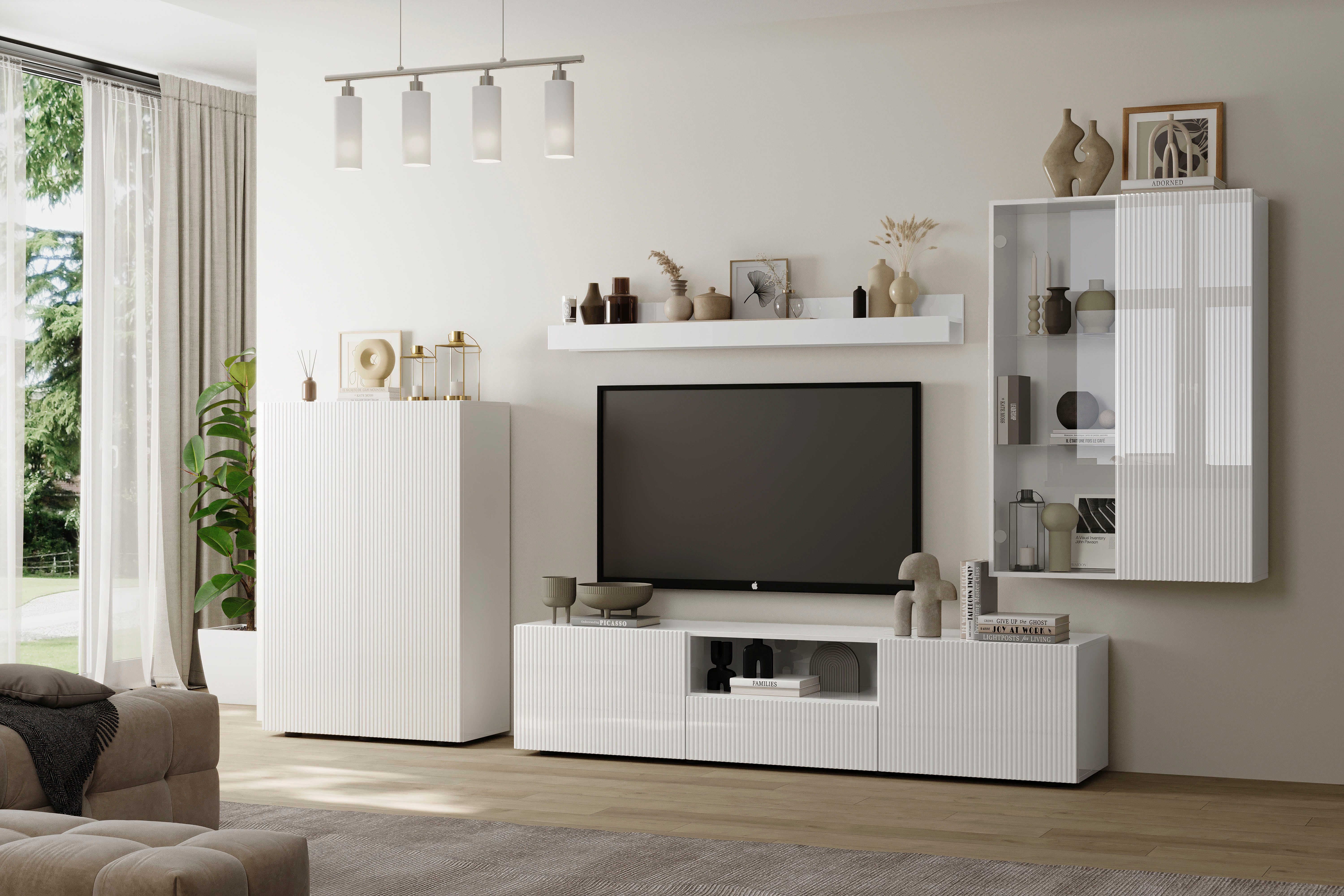 Home affaire Wohnwand Rio, 4tlg. Breite 300 cm, modernes, elegantes Wohnzimmer-Set, (4-St), (Lowboard, Highboard, Hängevitrine, Wandboard), MDF-Fronten geriffelt