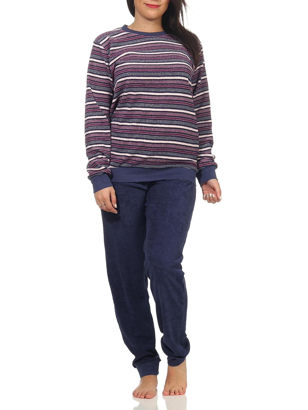 Normann Pyjama Damen Frottee Pyjama langarm Schlafanzug mit Bündchen Streifenoptik – Bild 2 von 5