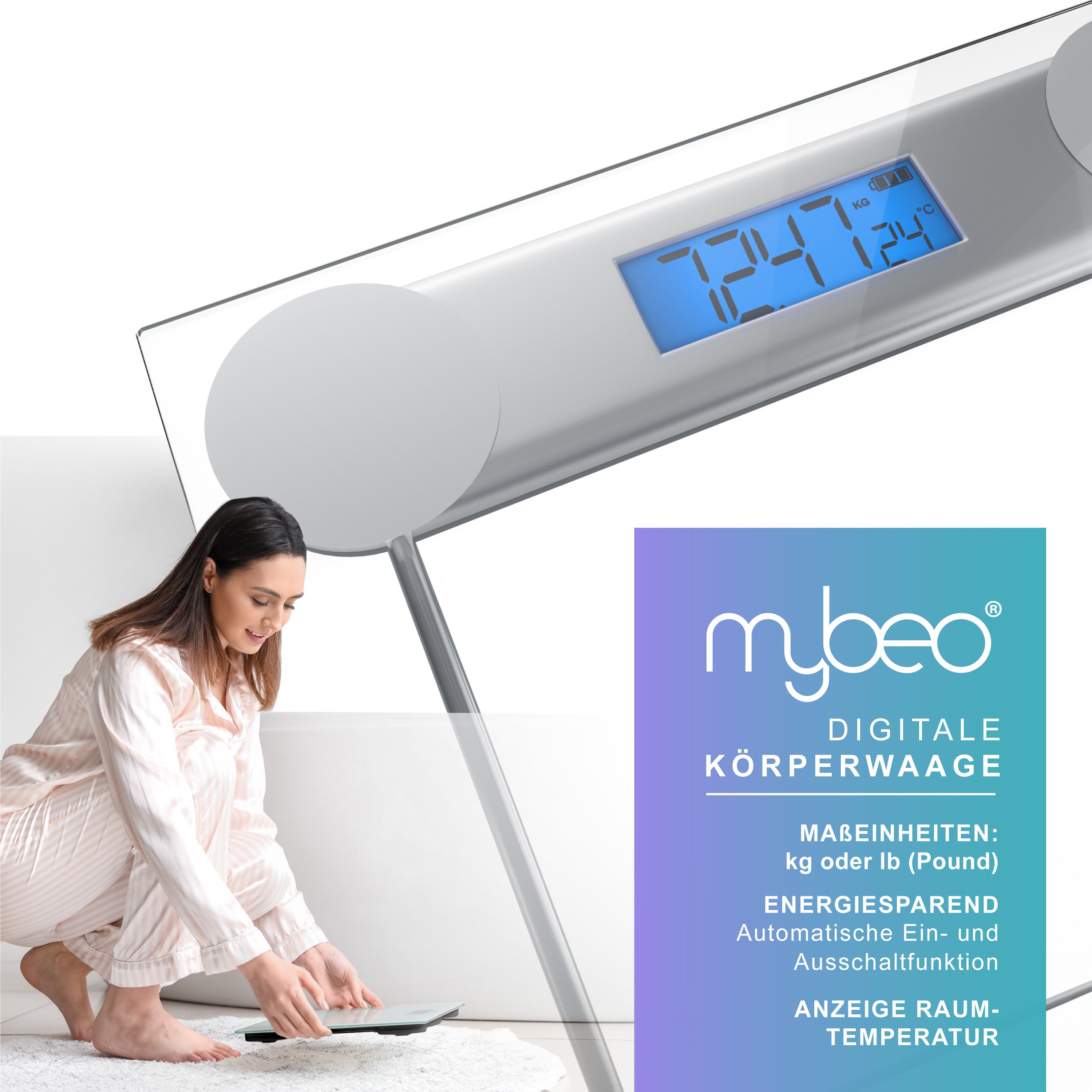 MyBeo Personenwaage digitale Waage für Personen, große Trittfläche aus 6mm Sicherheitsglas, 1-tlg., Badezimmer Digitalwaage, schmales Design, max. Belastung über 150 kg