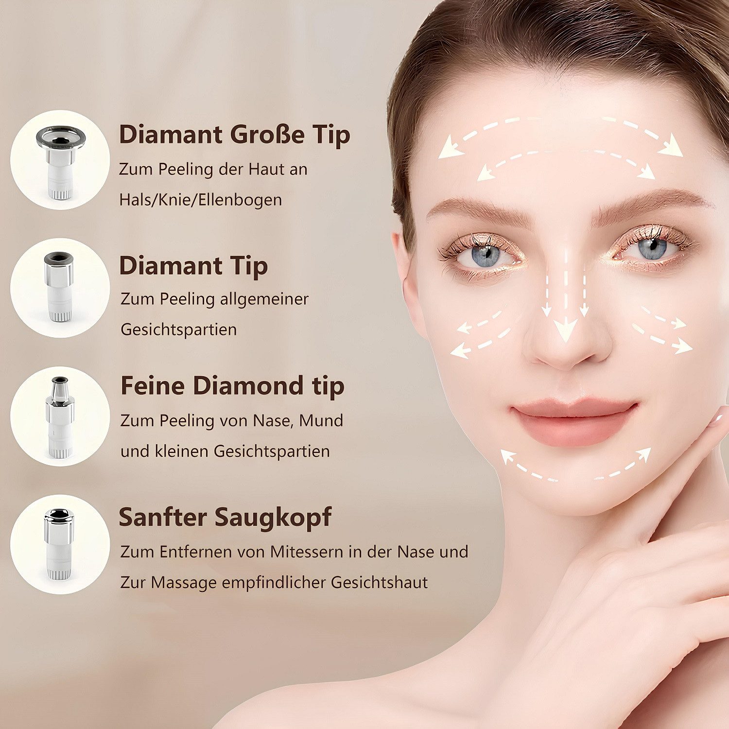 COOL-i ® Mikrodermabrasionsgerät Mikrodermabrasionsgerät – Gesichtspeeling mit 4 Aufsätzen, Set, Zur unterstützenden kosmetischen Hautpflege