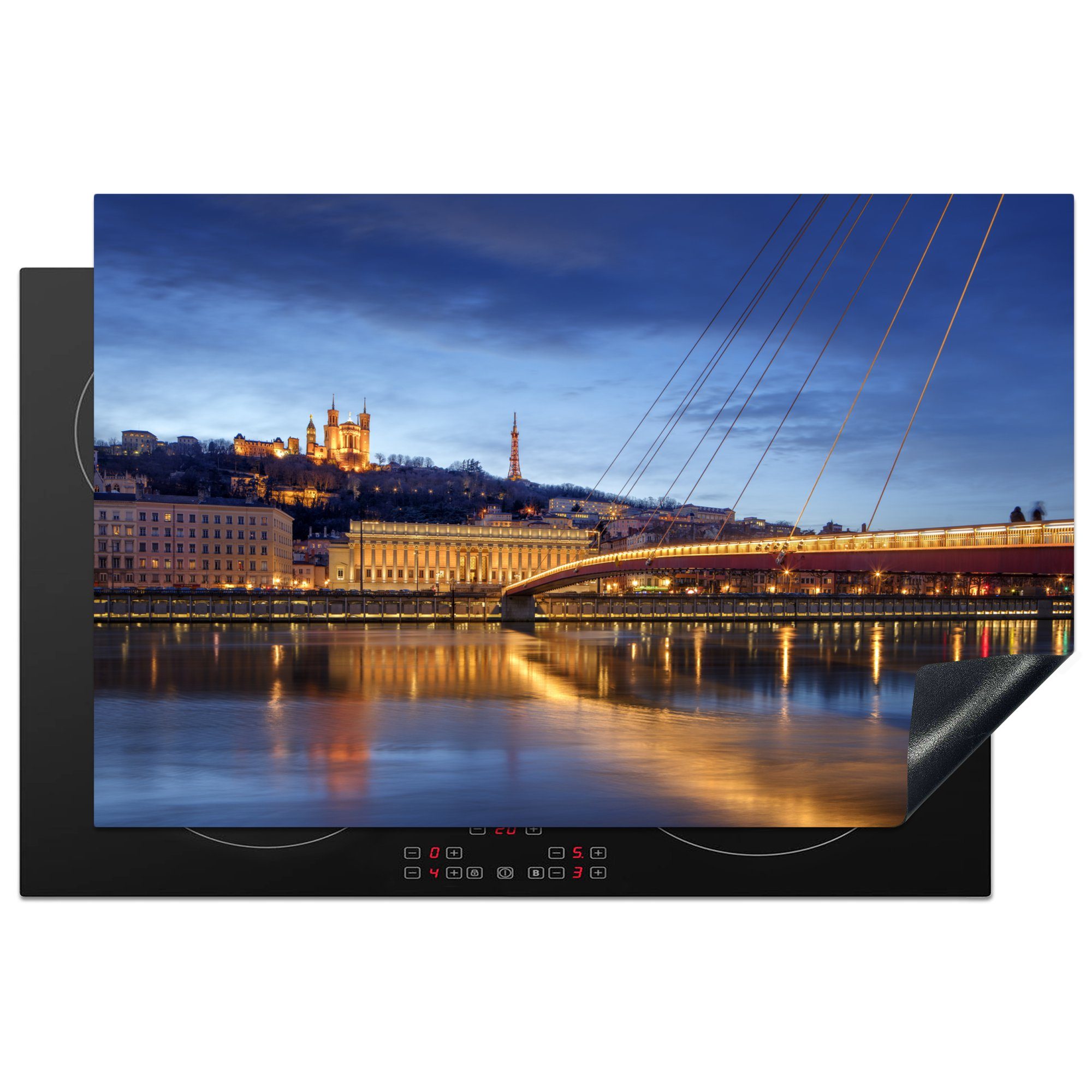 MuchoWow Herdblende-/Abdeckplatte Beleuchtung der Brücke in der französischen Stadt Lyon, Vinyl, (1 tlg), 81x52 cm, Induktionskochfeld Schutz für die küche, Ceranfeldabdeckung