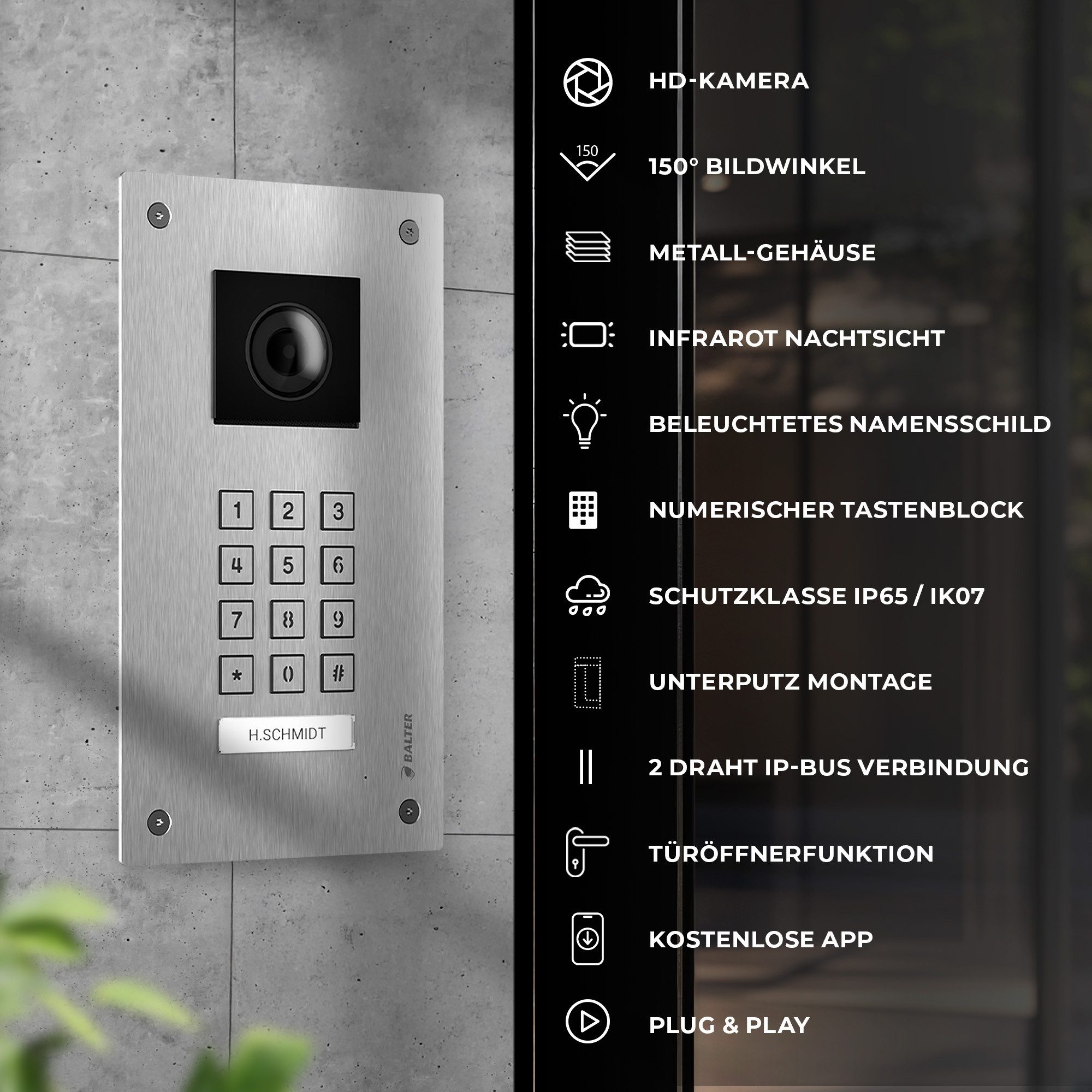 Balter Video-Türsprechanlage Entri Set LN Video Türsprechanlage (Komplettset, Tastenfeld, Smartphone App, HD Qualität, 2-Draht-BUS)