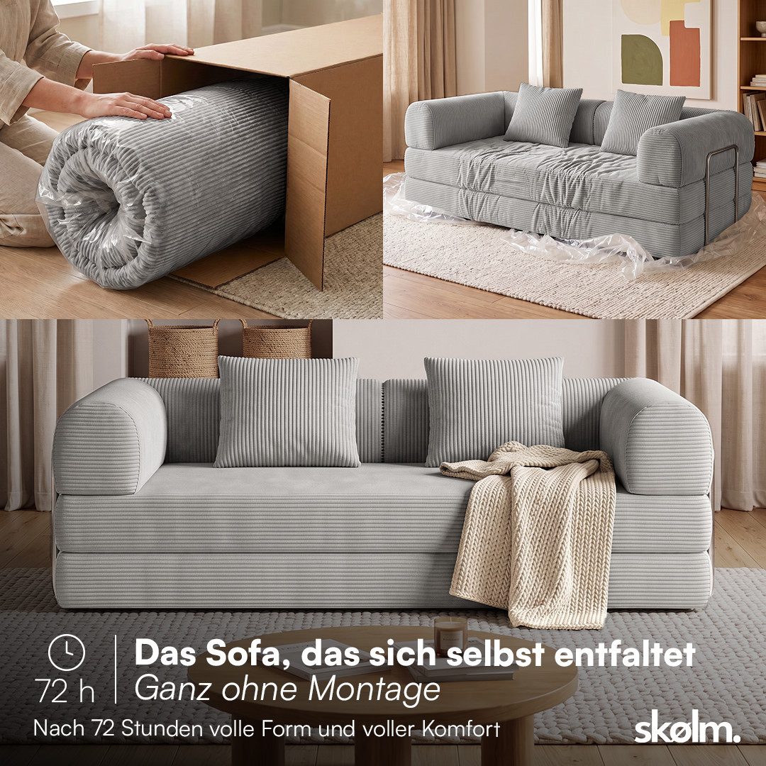 skølm Sofa & Sessel Lofn aus Vollschaum Cord, umwandelbar zum Schlafsofa/-Sessel, Hellgrau, Cordsofa 200 cm breit, 2 Sitzer, kein Aufbau erforderlich, vakuumier – Bild 3 von 5