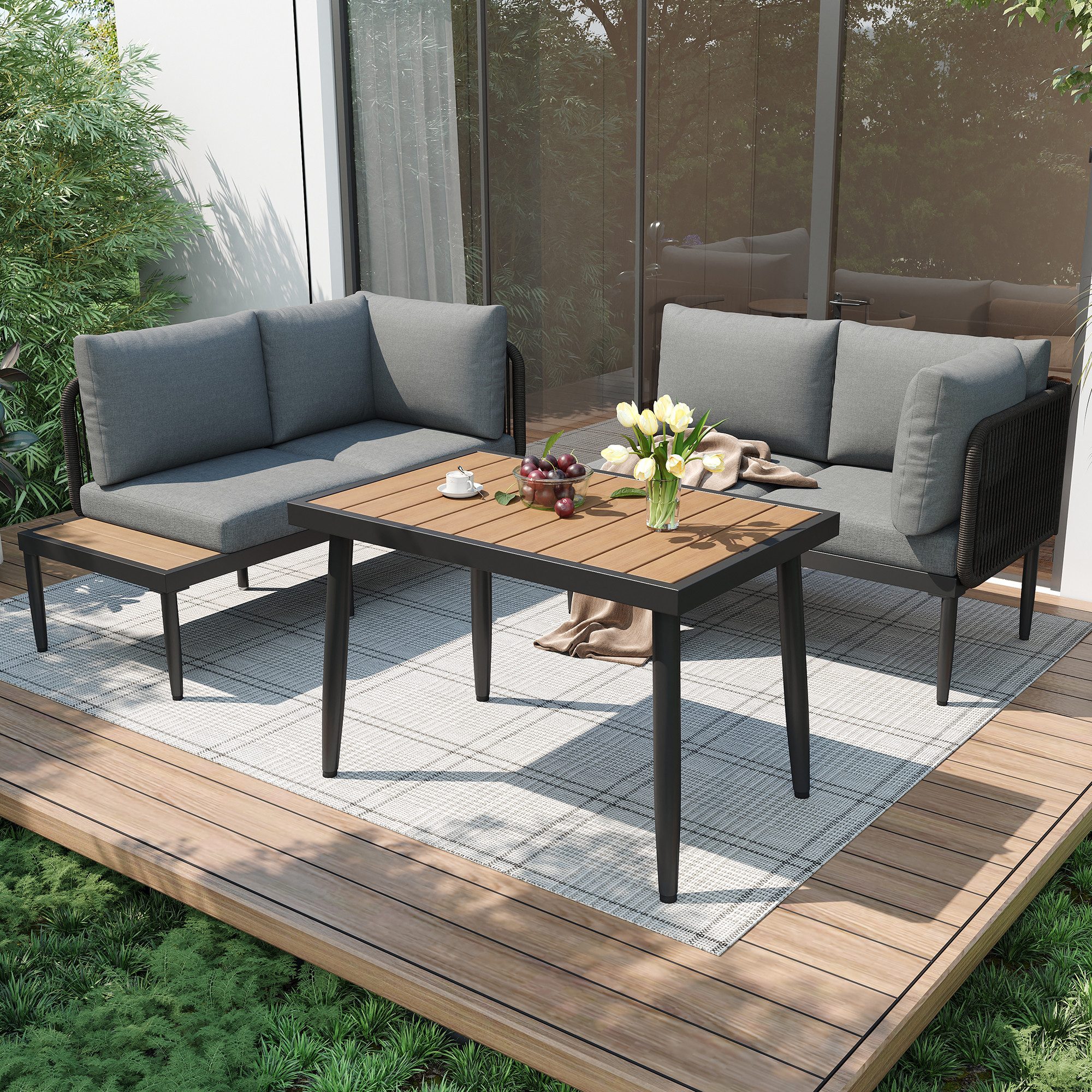 BBWL Gartenlounge-Set mit Esstisch, verzinkter Stahlrahmen, Kunststoffholz Tischplatte, Gartenmöbel Essgruppe Ecksofa Set, wetterfest grau