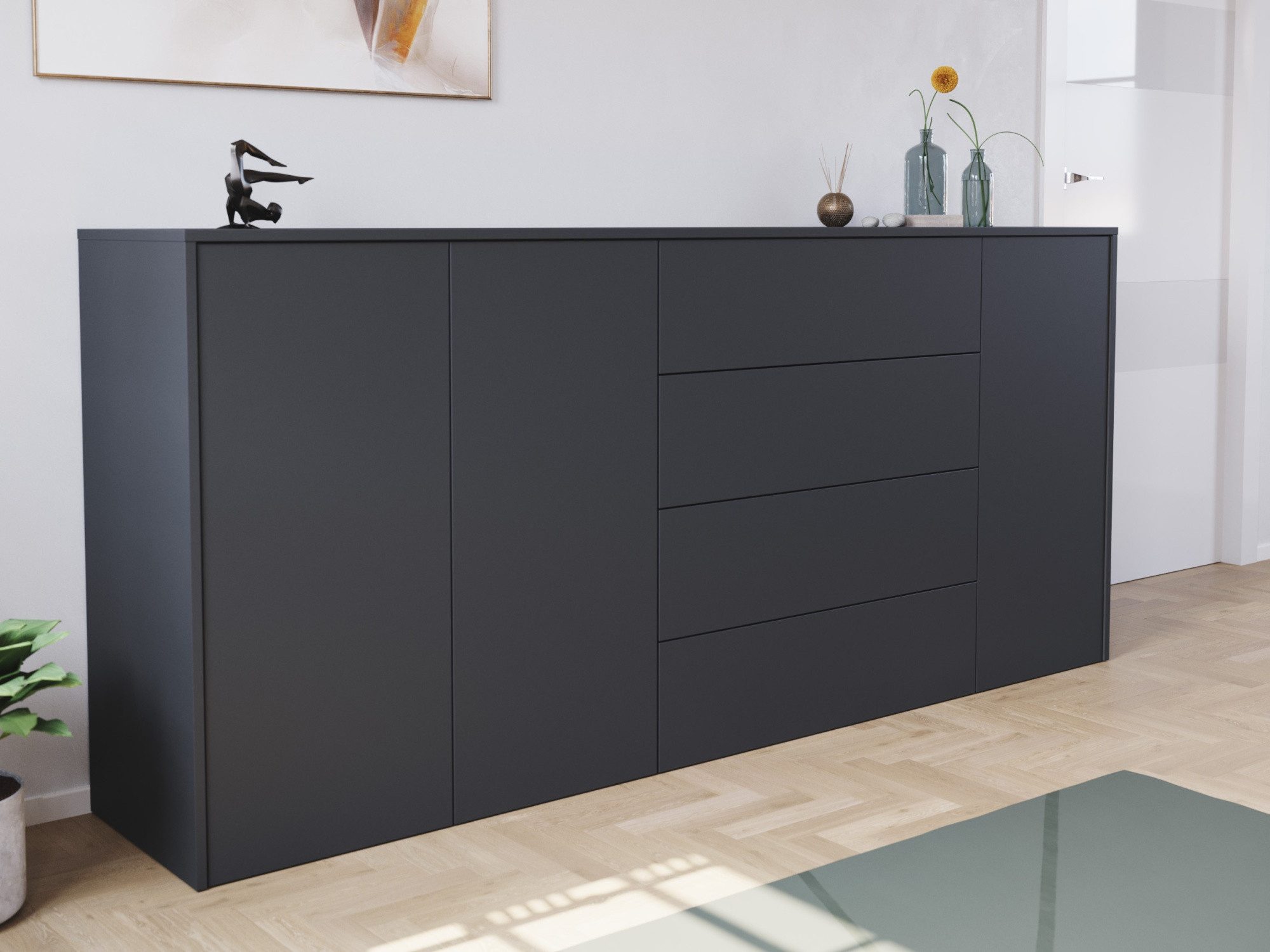 Magnolia Home Kommode Sideboard Impulse 200cm 3 Türen 4 Pushauszüg Grafit