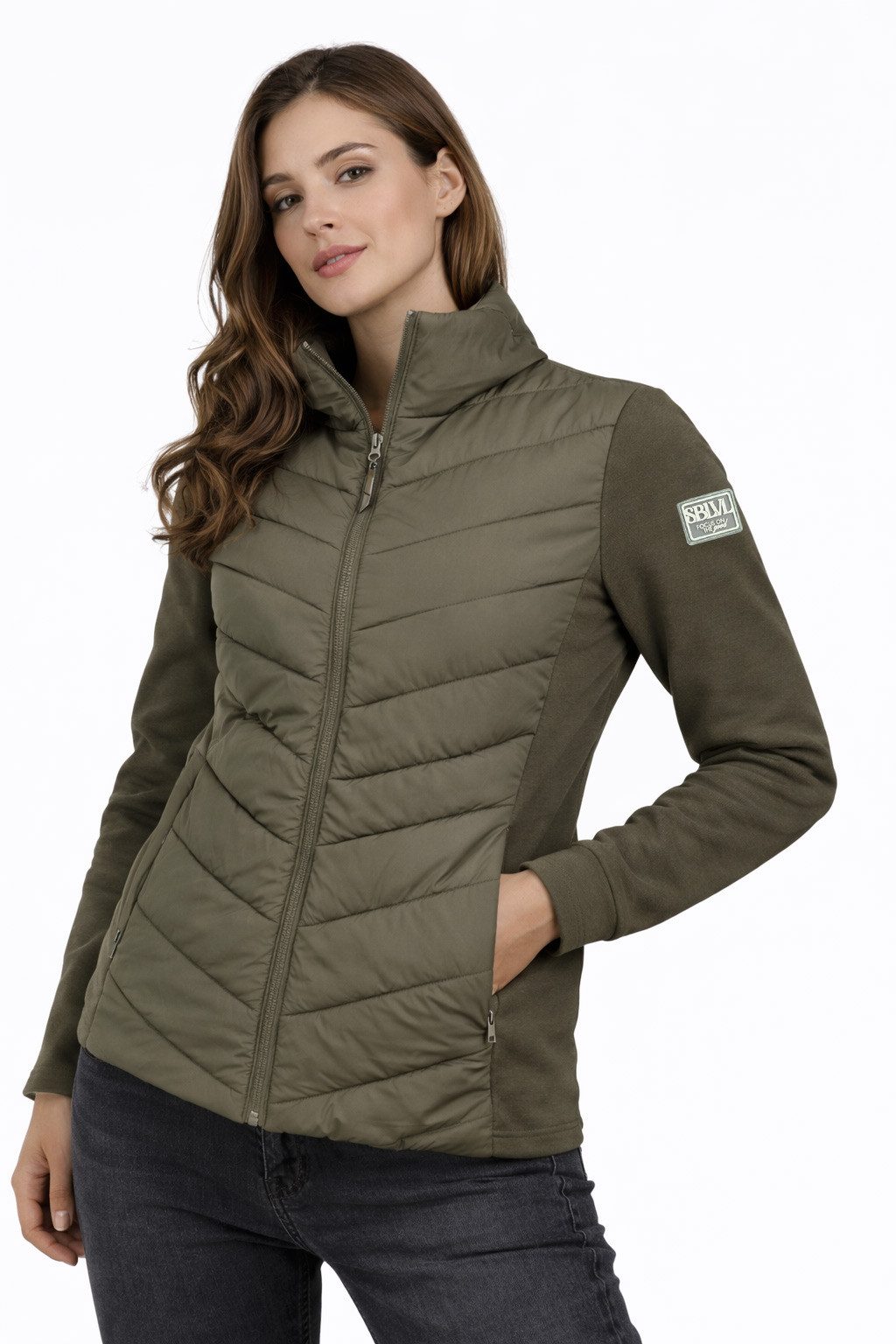SUBLEVEL Steppjacke Damen Hybrid Jacke Leichte Übergangsjacke Kapuzenjacke Gesteppte Stepp-Front & Sweat-Ärmel, Outddor
