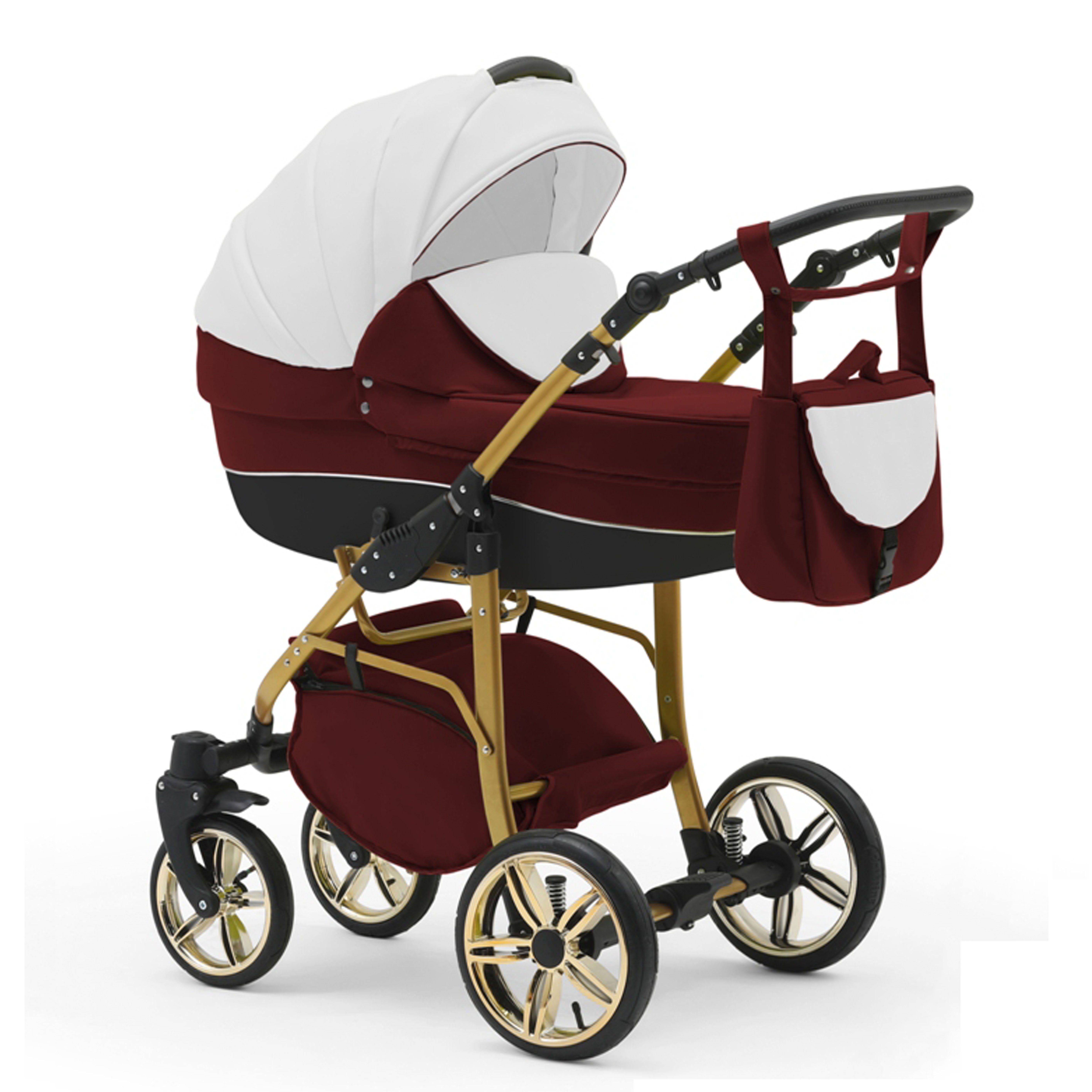 babies-on-wheels Kombi-Kinderwagen 2 in 1 Kinderwagen-Set Cosmo Gold - 13 Teile - in 46 Farben Weiß-Bordeaux-Schwarz | Kombikinderwagen