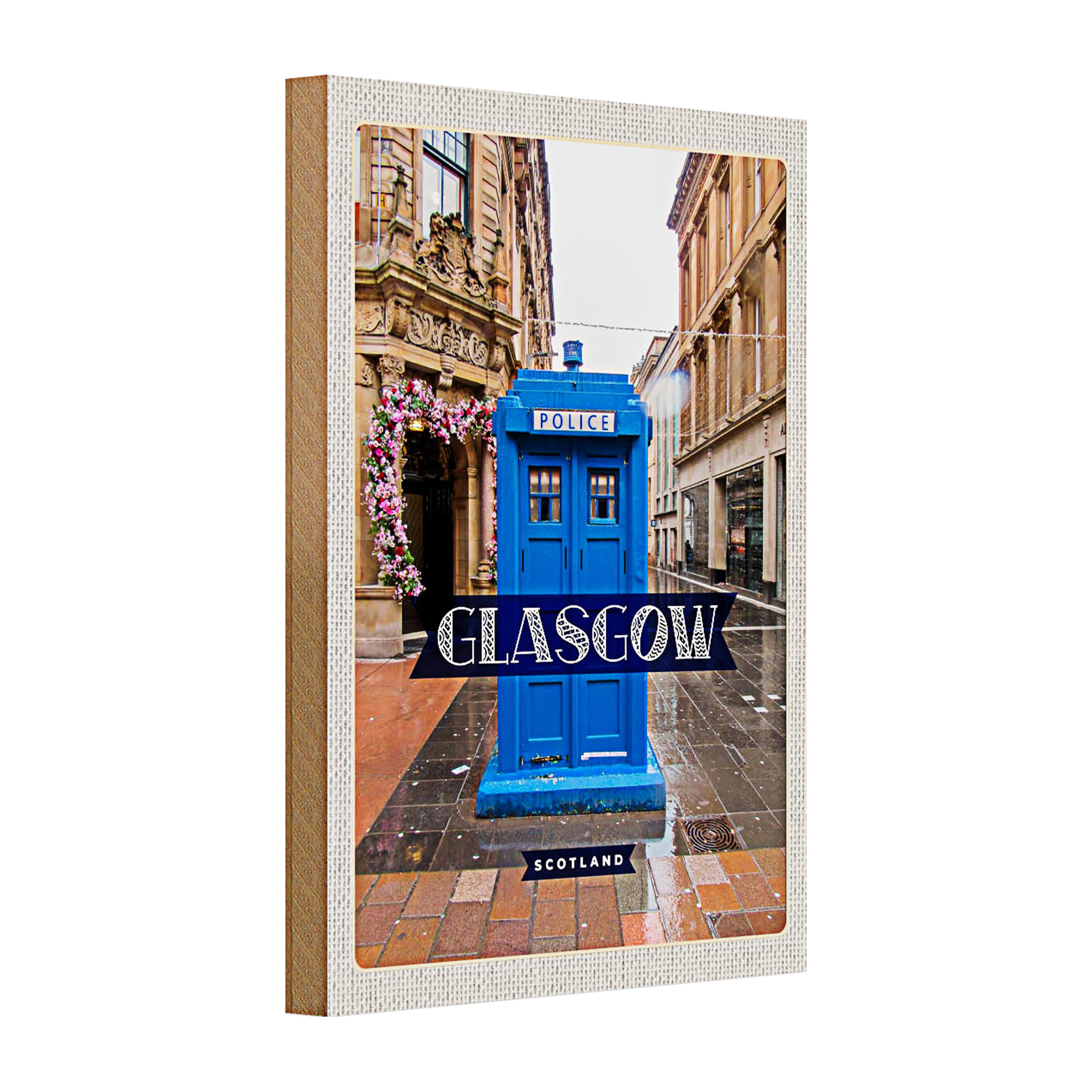 Roomando Holzbild Holzschild Reise 20x30cm Glasgow Scotland Blaue Police Zelle