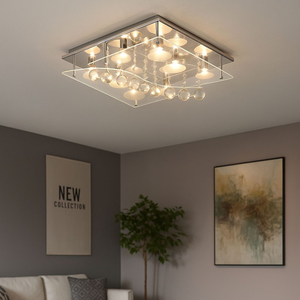 Esto Deckenleuchte, Leuchtmittel nicht inklusive, Deckenleuchte Chrom Beleuchtung Kristall Glas Wohnzimmer quadratisch
