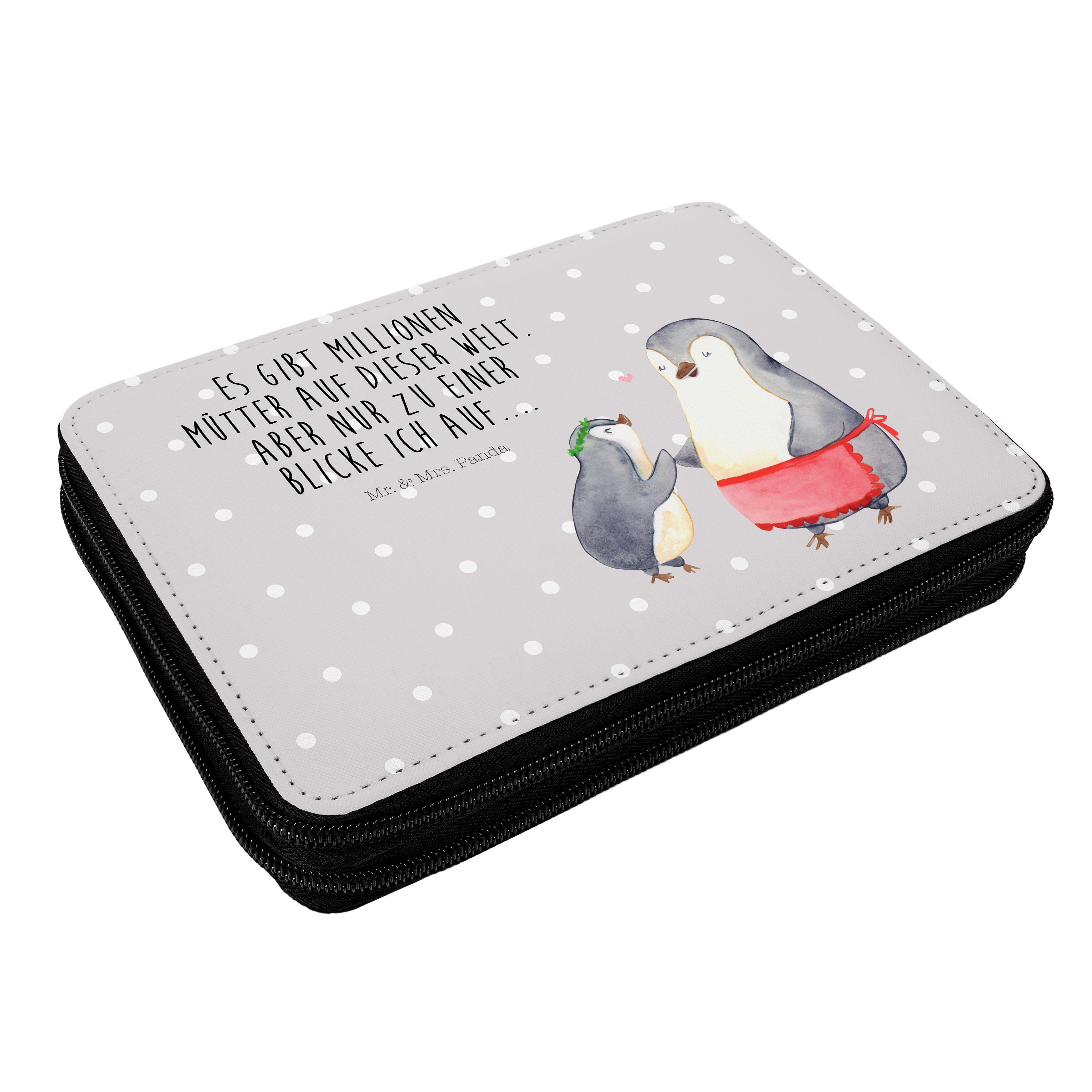 Mr. & Mrs. Panda Federmäppchen Pinguin mit Kind - Grau Pastell - Geschenk, Federmäppchen, Geburststa, (1-tlg)