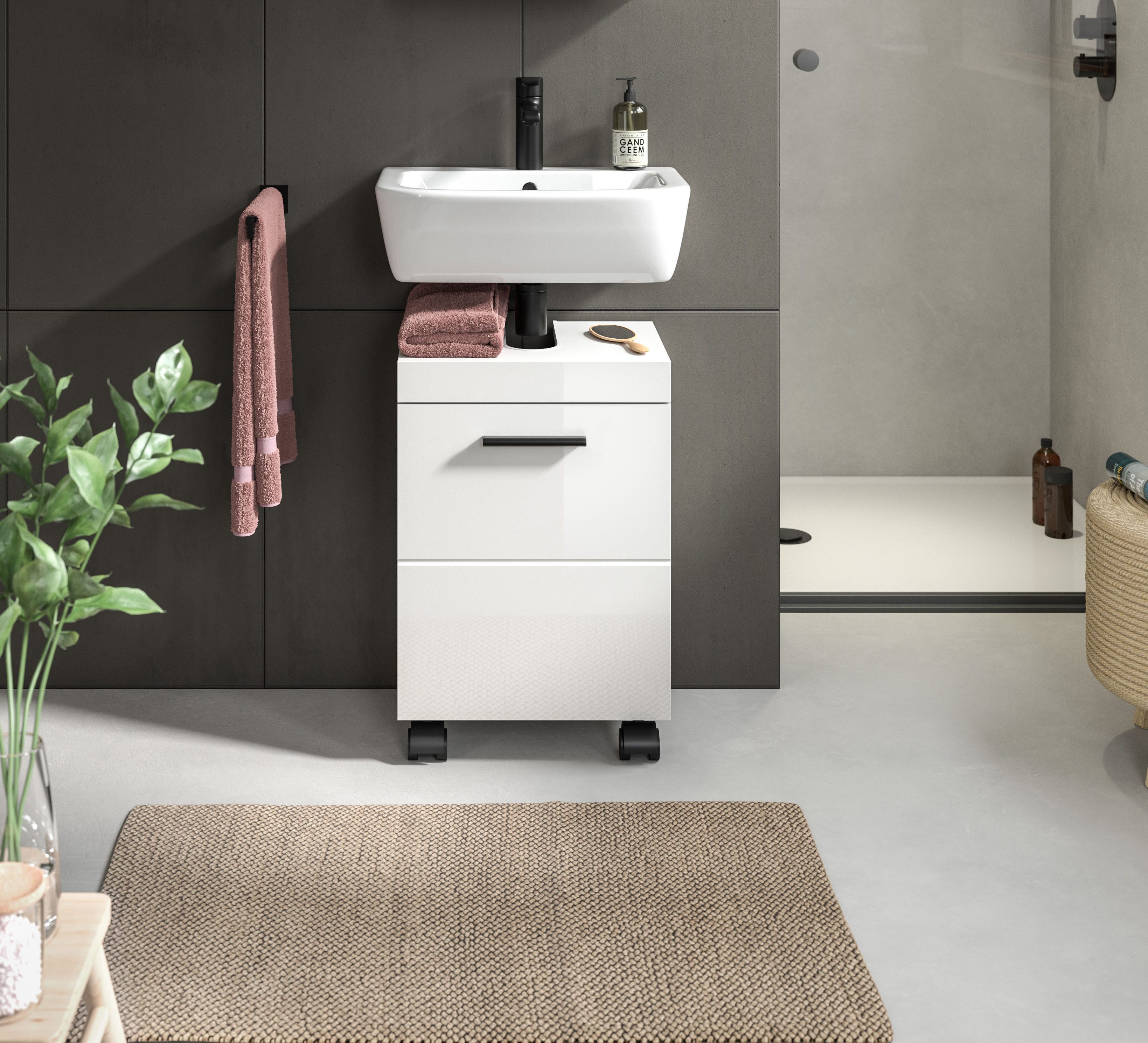 welltime Waschbeckenunterschrank AVON, Breite 40 cm, 1 Tür, 1 Einlegboden, 2 Fächer (mit Siphonausschnitt 22x8 cm, Rückwand mit Ausschitt) Badmöbel, Badschrank, Unterschrank, Waschtisch, Kommode, Bad