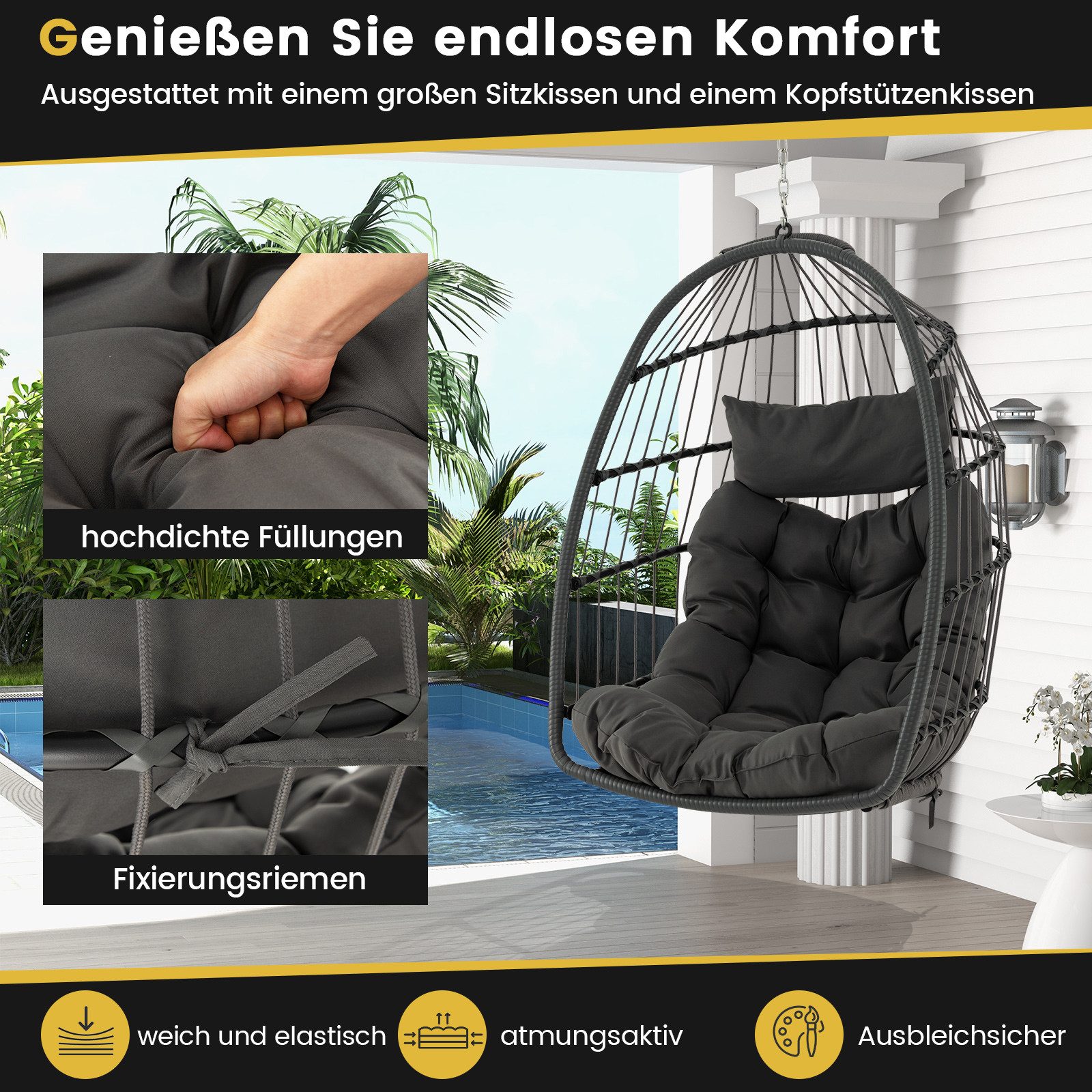 COSTWAY Hängesessel, faltbarer Hängekorb mit Kissen, PE Rattan