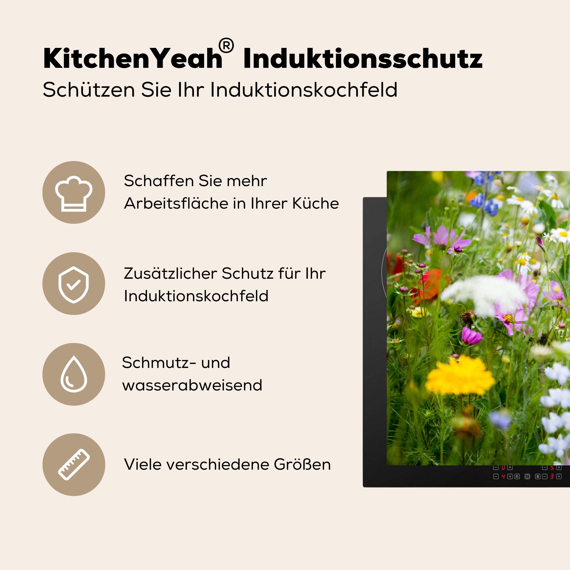81x52 MuchoWow Frühling cm, Induktionskochfeld tlg), für Ceranfeldabdeckung Farben, Schutz Vinyl, Blumen die küche, - Herdblende-/Abdeckplatte - (1