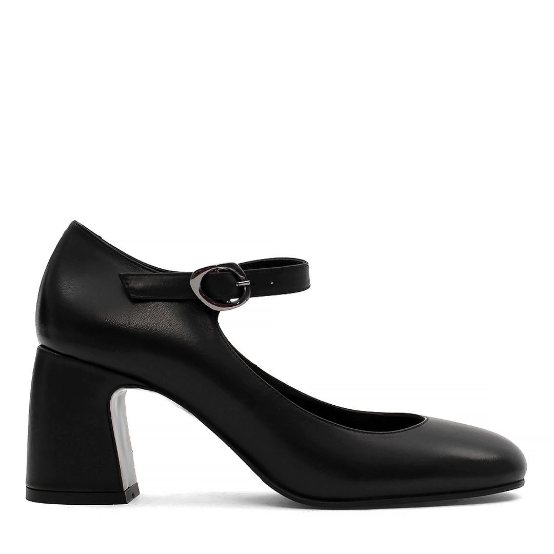 Celal Gültekin Mary Jane Blockabsatz Karreekappe Riemchen Retro Damen Mary-Jane-Schuhe Glattleder, Echtleder-Futter & Decksohle, Schwarz, 39