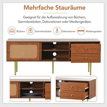 REDOM TV-Schrank TV-Ständer (mit Rattan-Schiebetüren und praktischen Schubladen, Nussbaum mit dunklem Kunststoff-Rattan, 2 Schubladen) 4 Fächer mit beweglichem Laminat