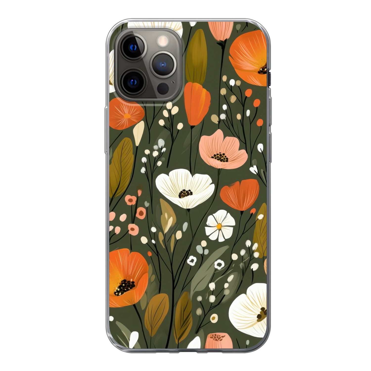 MuchoWow Handyhülle für Apple iPhone 12 Pro Blumen - Illustration - Grün, Smartphone-Bumper, Print, Handy Schutzhülle Dünn