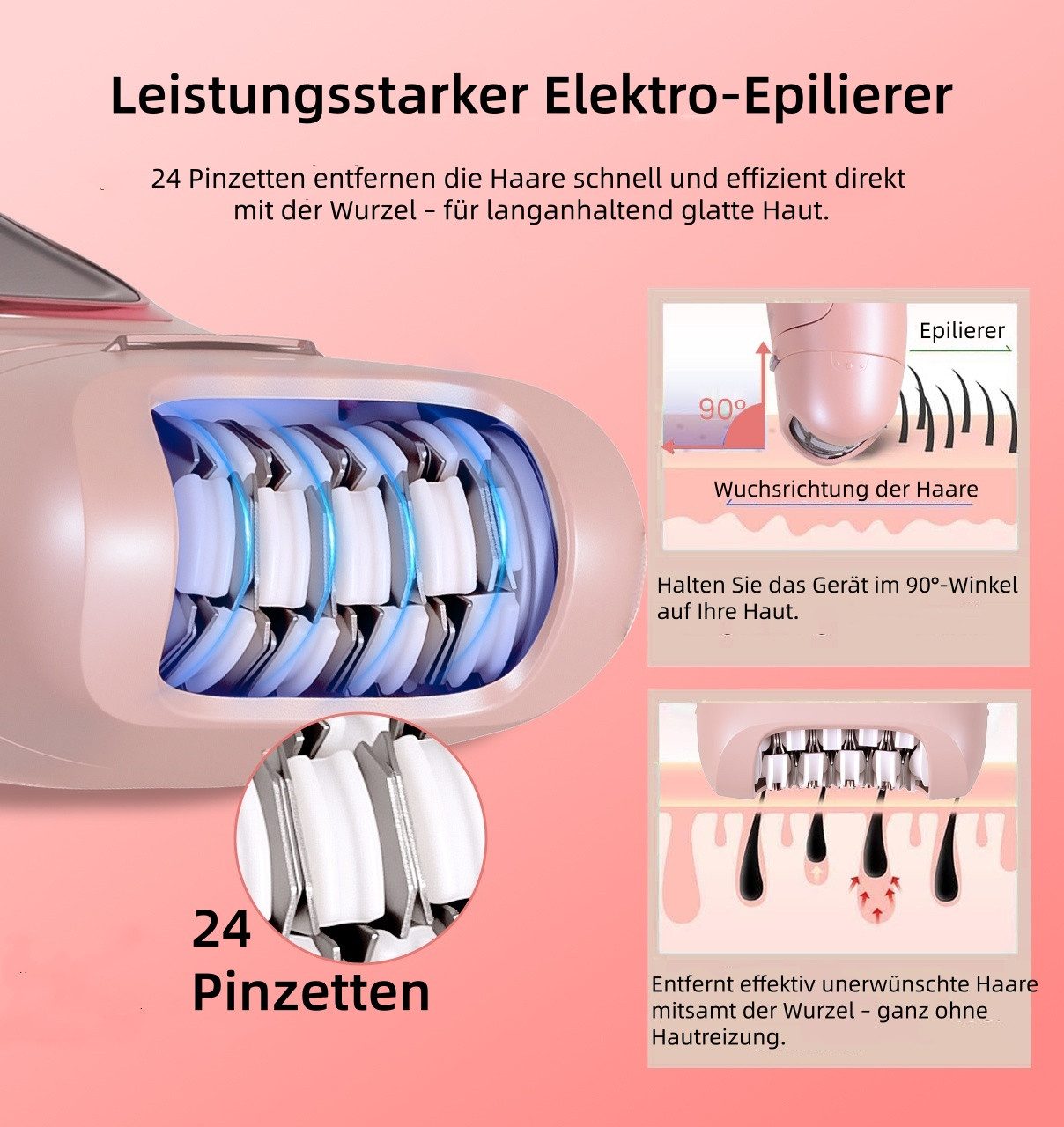 HATTEKER Epilierer HT-582, Aufsätze: 1 St., Gesichtsbürste, Damenrasierer, Hornhautentferner, mit 24-Pinzetten 5-in-1 Pink