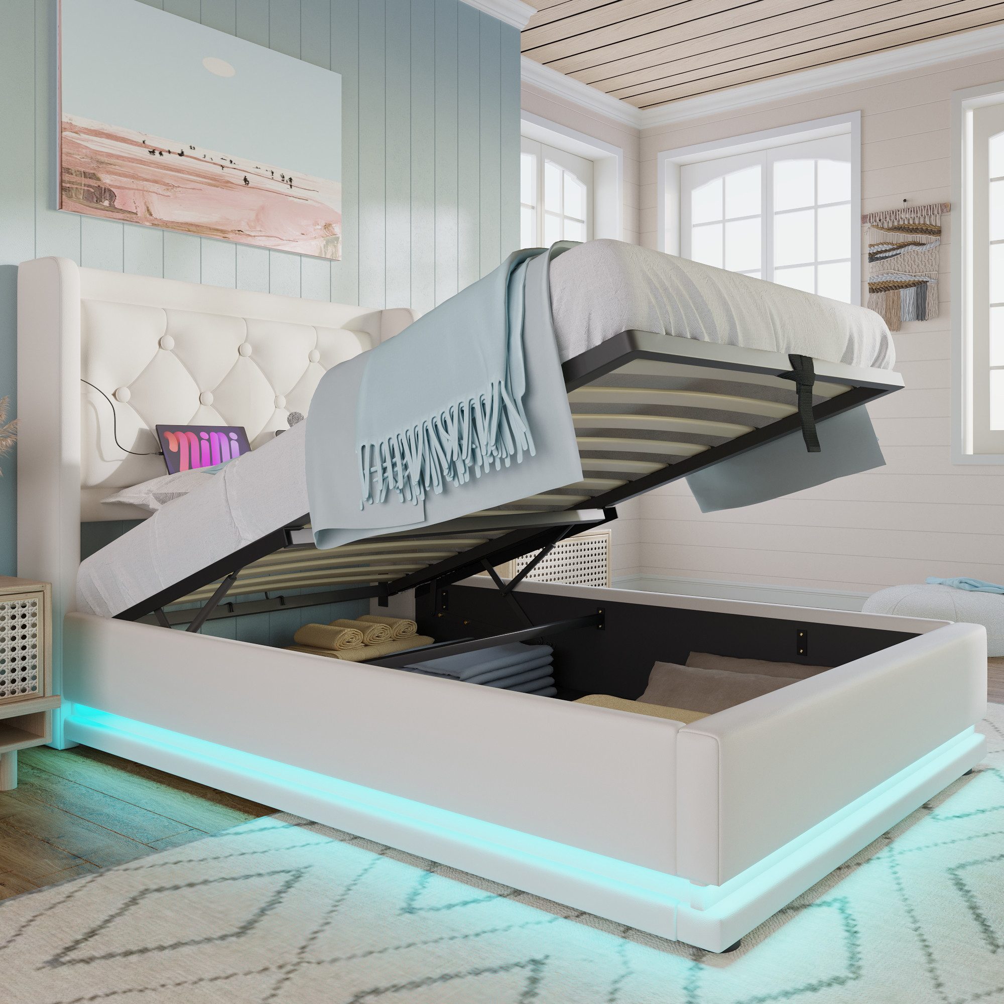 Flieks Polsterbett, LED Hydraulisches Stauraumbett Einzelbett 90x200cm mit günstig online kaufen