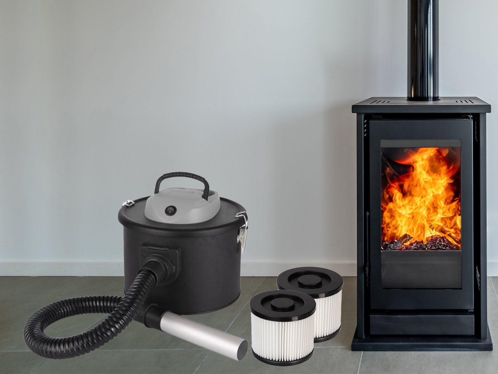 PEREL Aschesauger, 800 W, Edelstahl, für Kamin-Sauger Asche-Staubsauger ohne Beutel inklusive 2 Hepa Filter