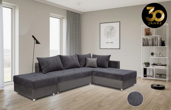 COLLECTION AB Ecksofa 30 Jahre Jubiläums-Modell ITALIA L-Form, mit Bettfunktion und Bettkasten, in Cord-Samt Mix Anthrazit
