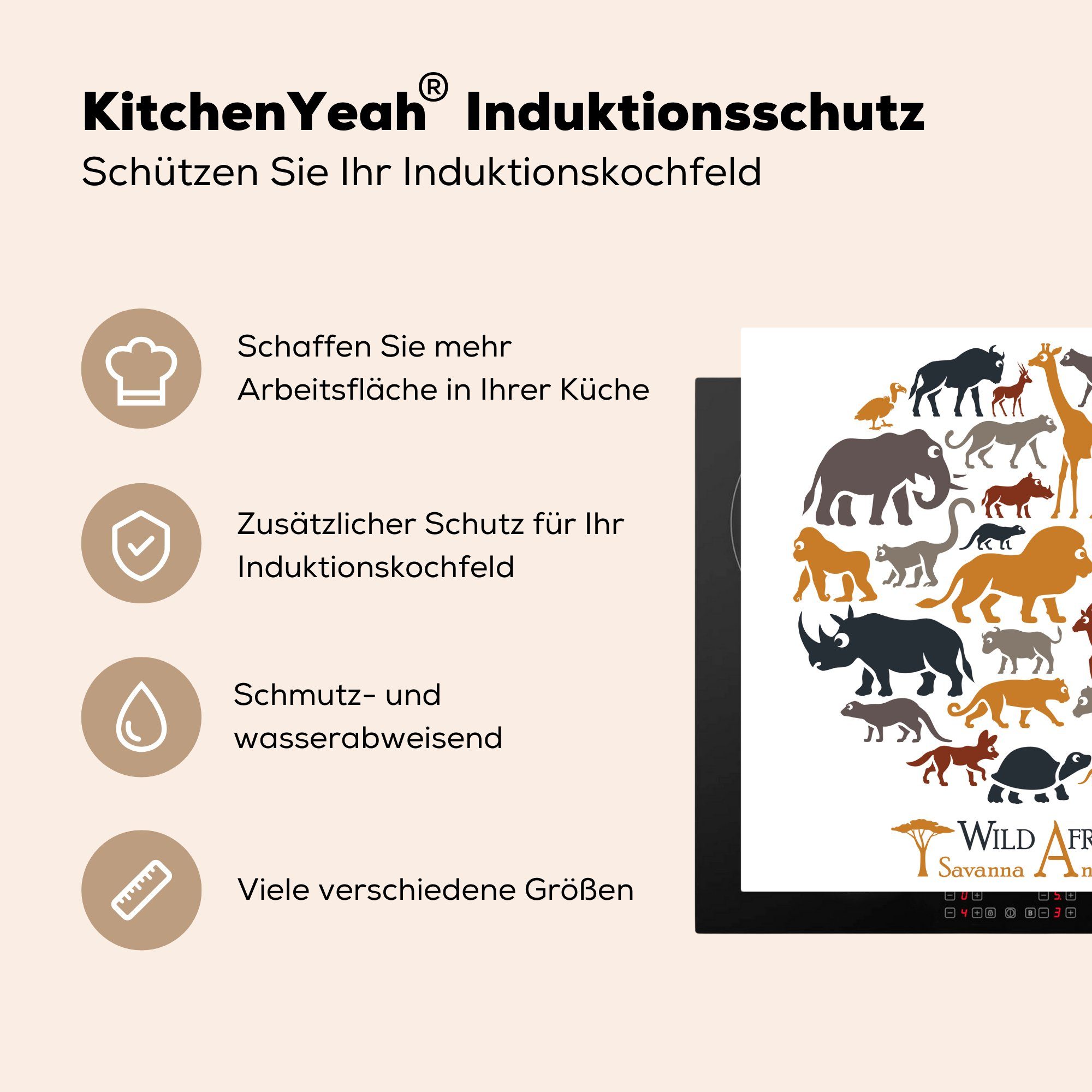 Illustration Big tlg), Eine Five küche MuchoWow unter cm, Herdblende-/Abdeckplatte Tieren, für Vinyl, den Ceranfeldabdeckung, 78x78 (1 der Arbeitsplatte