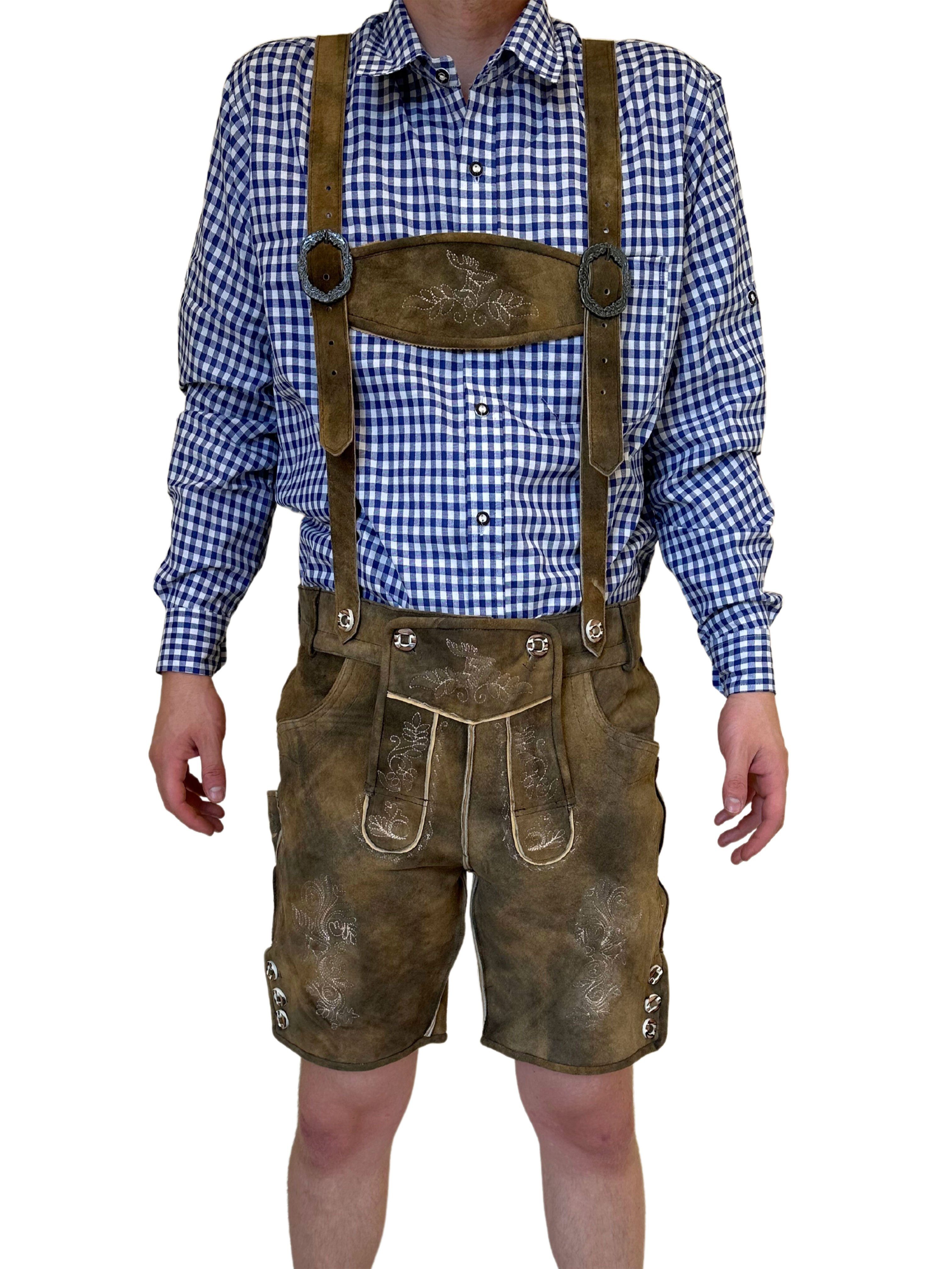 Ziegenleder Dretaild Trachtenhose Tracht Premium Lederhose mit, Herren weiß Hosenträger Oktoberfest kurz gestickt