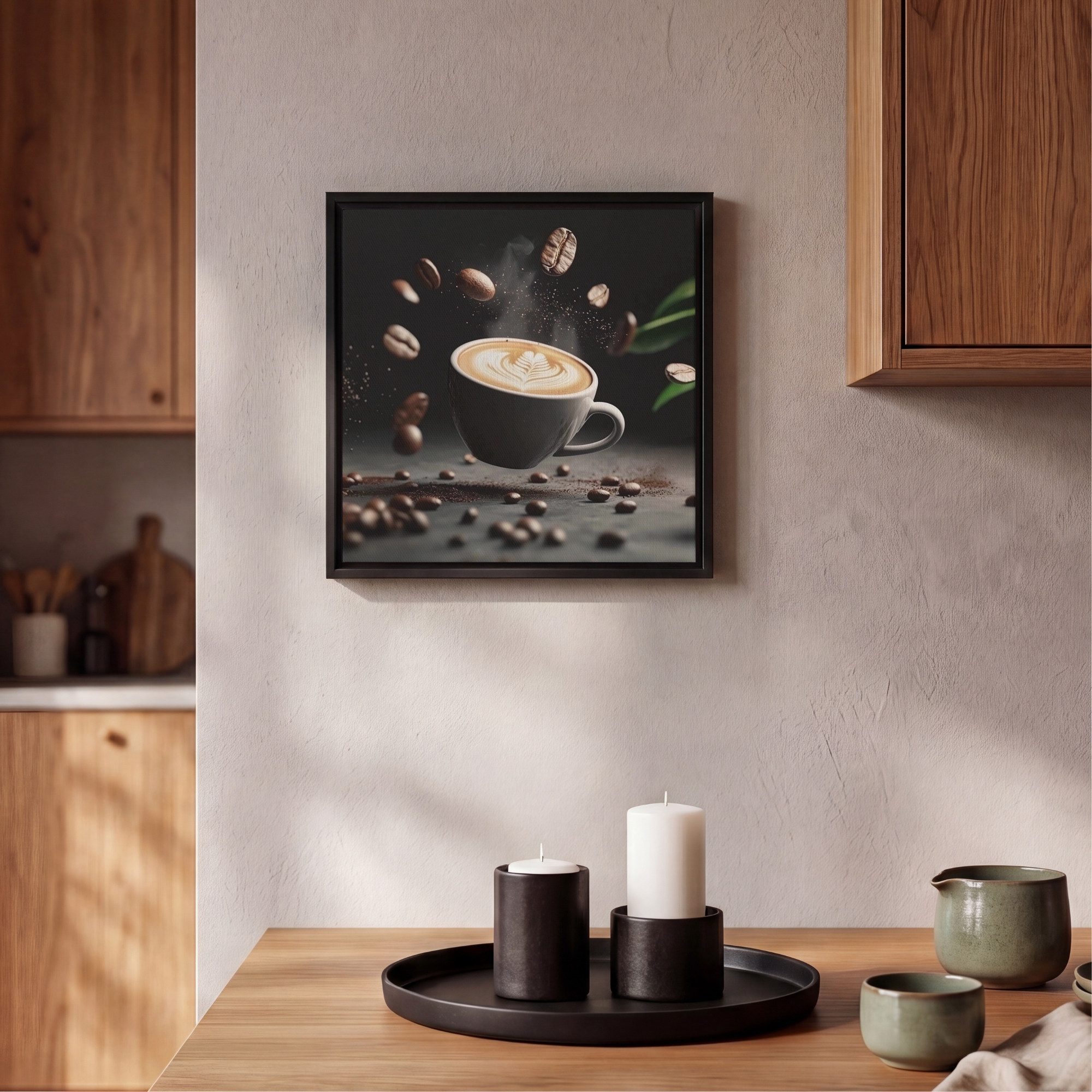 OneMillionCanvasses® Leinwandbild mit Rahmen - Cappuccino - Tasse - Bohnen - Braun, Fotodruck (1 St), Wandbilder für Esszimmer, Wanddeko Bilder Küche, 20x20cm – Bild 2 von 5