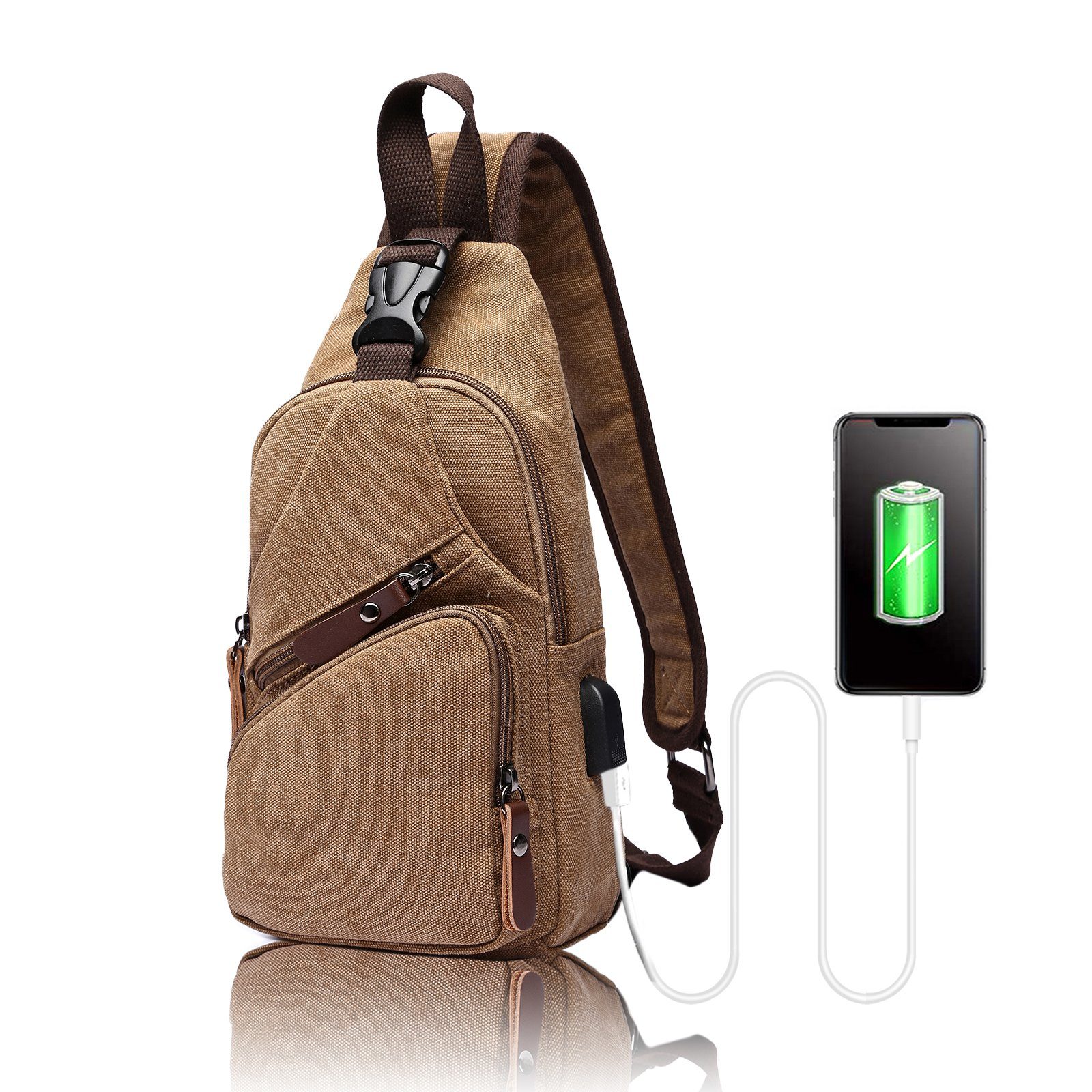 Herren Brusttasche Umhängetasche Sling Tasche Bodybag Schultertasche USB Port DE 
