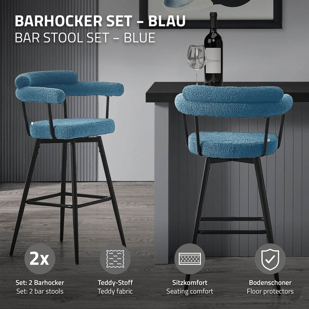 ML-DESIGN Barhocker Gepolsterter Barstuhl mit Rückenlehne und Fußstütze, 360° drehbar (2 St), 2er Set Bistrohocker aus Teddy-Stoff, Drehstuhl Hocker Tresenhocker
