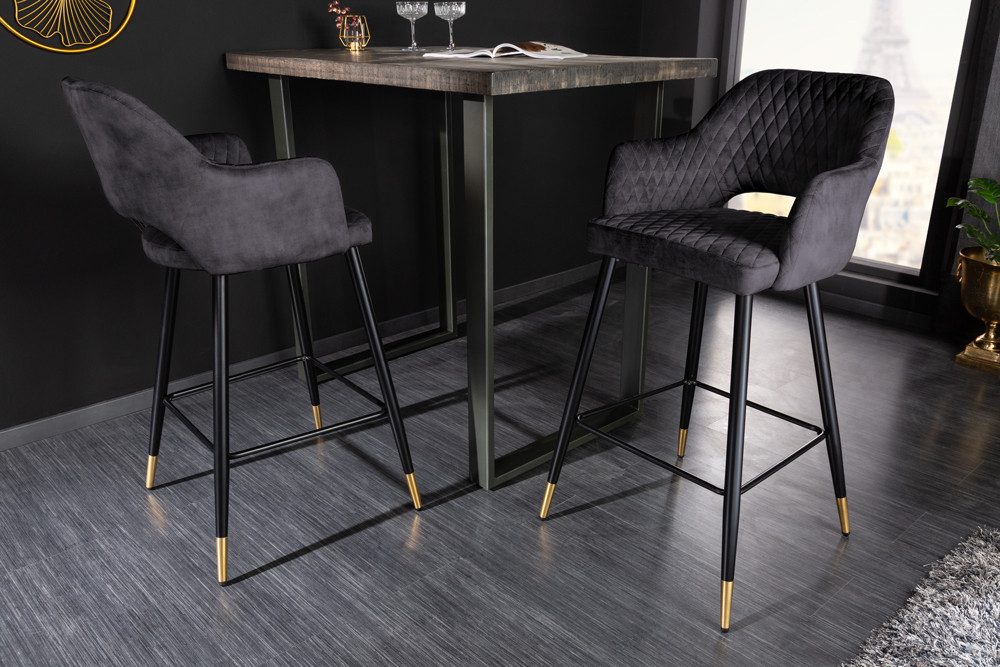 riess-ambiente Barhocker PARIS grau/schwarz/gold - Samt, Metall, mit Armlehne & Ziersteppung (Einzelartikel, 1 St), gepolstert & im edlen Look – ideal für Küche – Bild 2 von 5