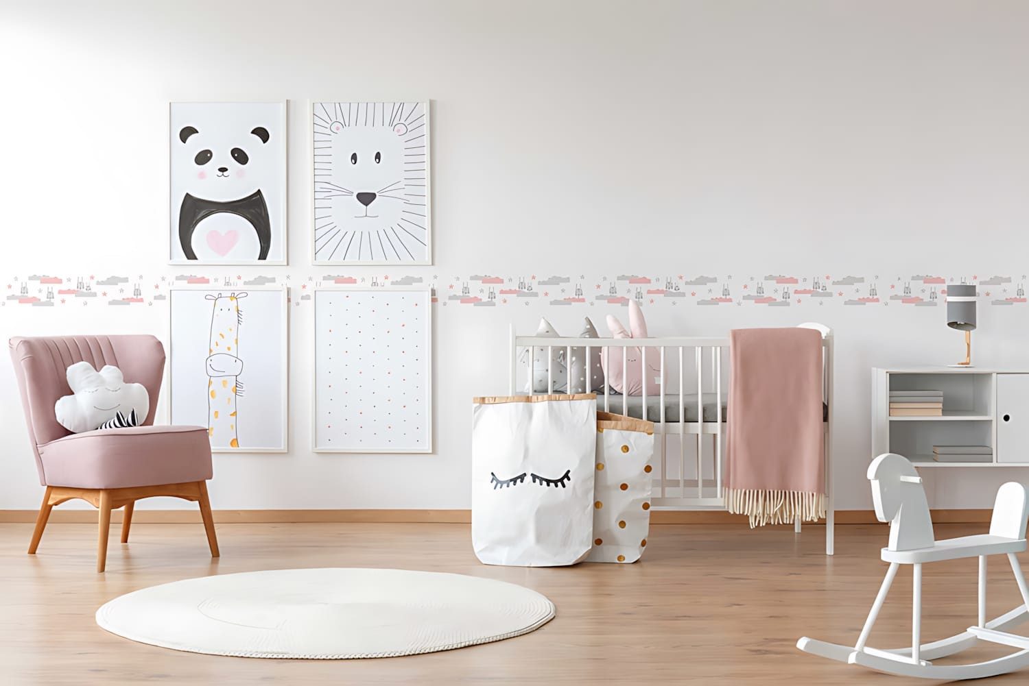Profhome Bordüre 403726-GU Tiermotiv Tapete Kindertapete matt rosa grau weiß 0,75 m2, leicht strukturiert, matt, (1 Rolle, 0,75 qm), selbstklebende Bordüre in grau